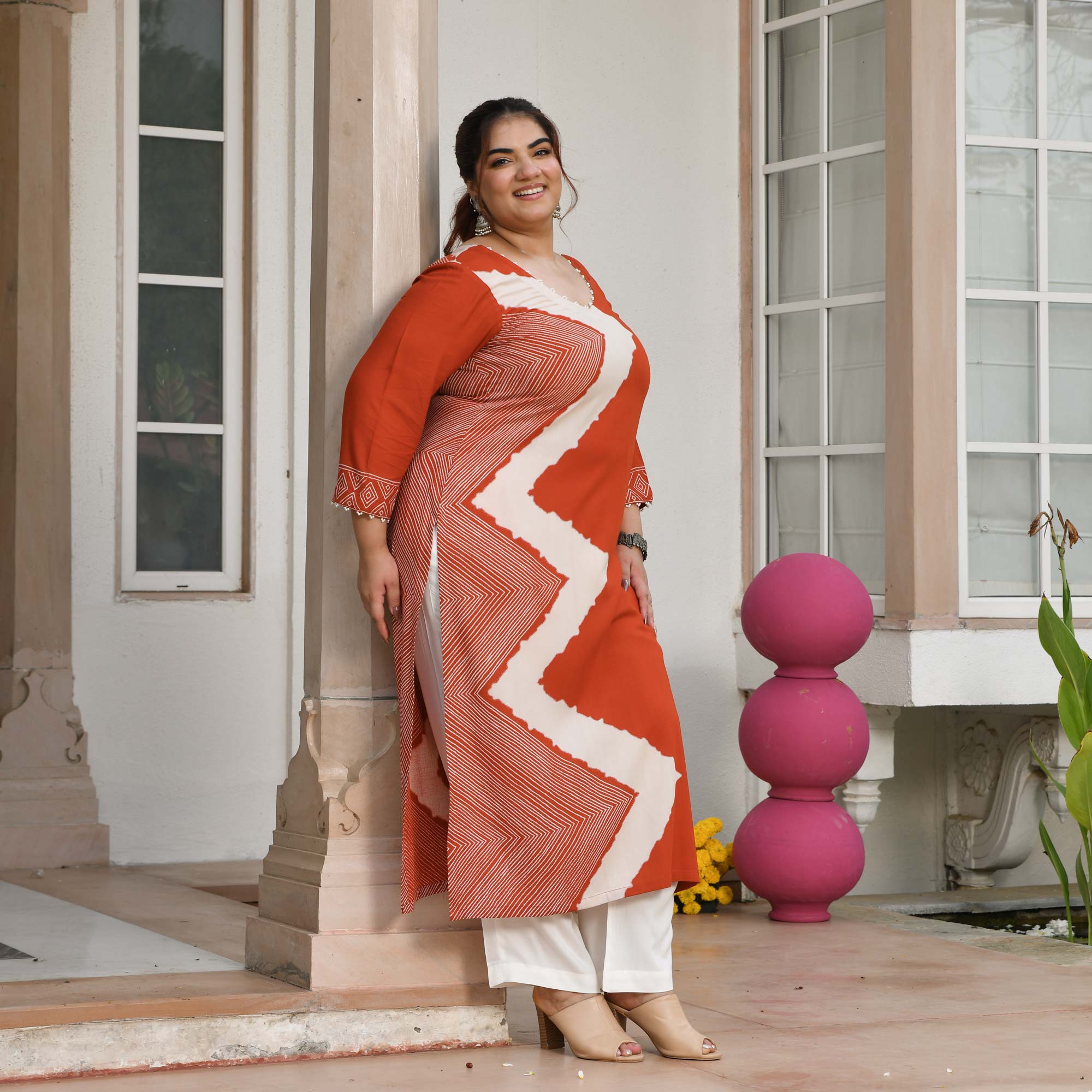 Miranda- Rust Orange Geometrical Print Rayon Cotton Kurta