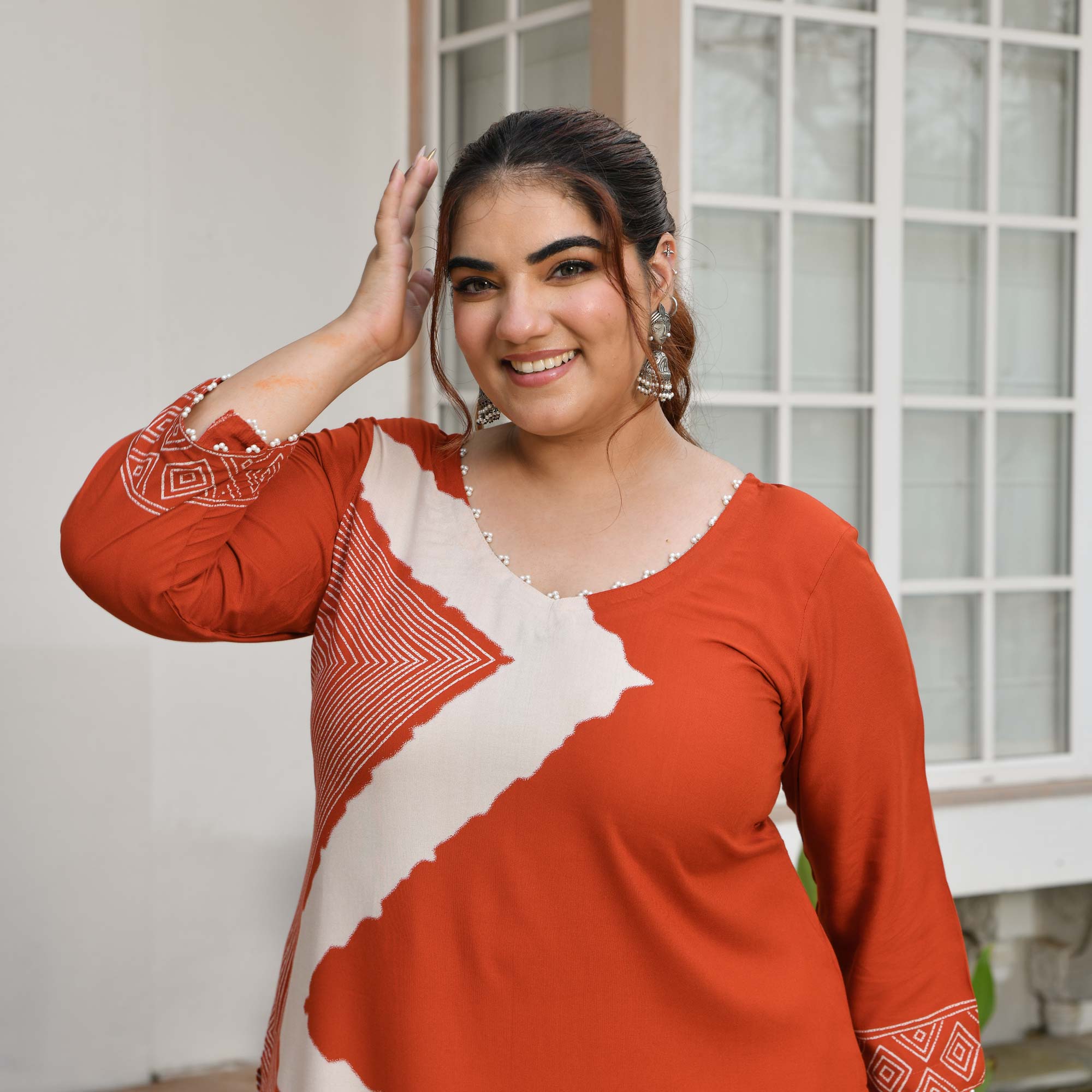 Miranda- Rust Orange Geometrical Print Rayon Cotton Kurta