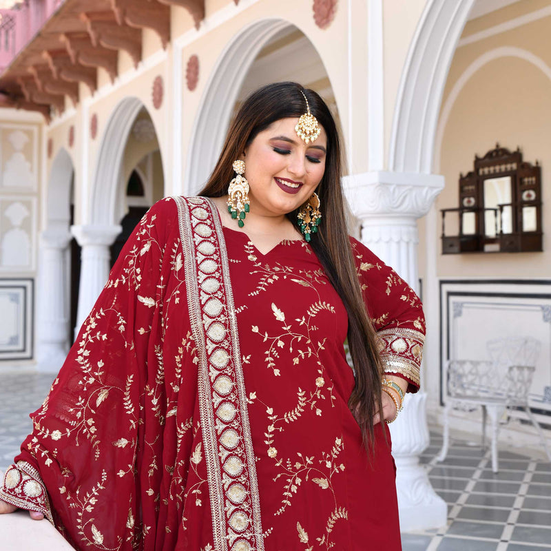 Dark Maroon Zari & Sequin Embroidered Georgette Kurta