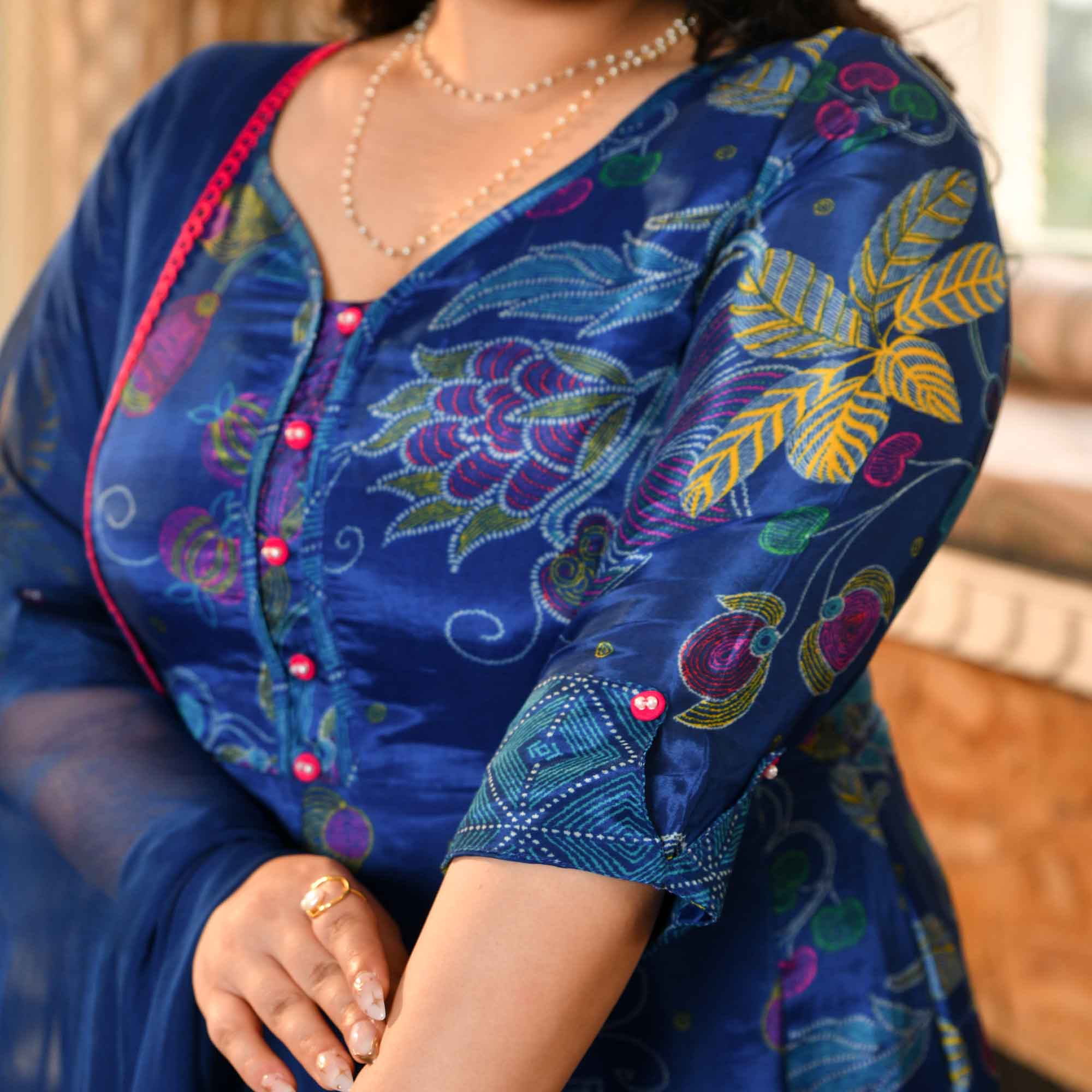 Bluebell Petals- Royal Blue Floral Printed Pure Organza Anarkali Set
