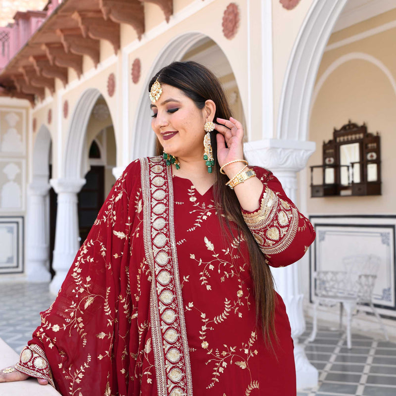 Dark Maroon Zari & Sequin Embroidered Georgette Kurta