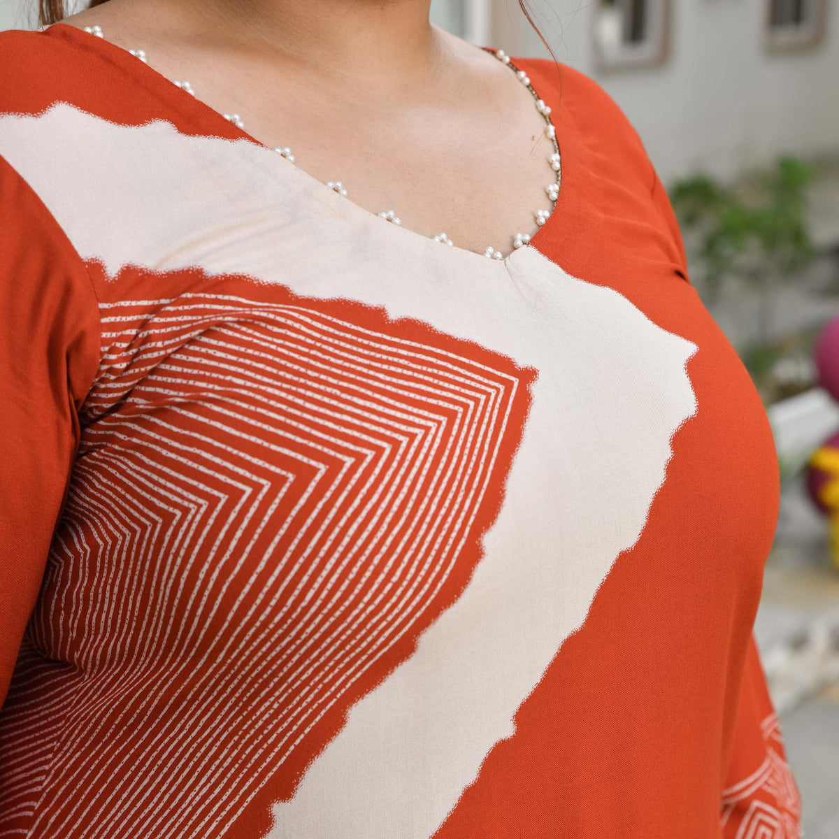 Miranda- Rust Orange Geometrical Print Rayon Cotton Kurta