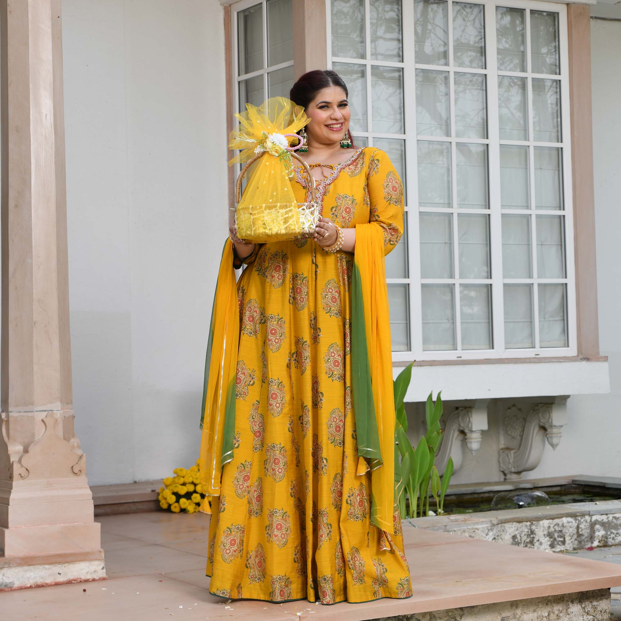 Kishori - Marigold Yellow Floral Modal Viscose Anarkali Set