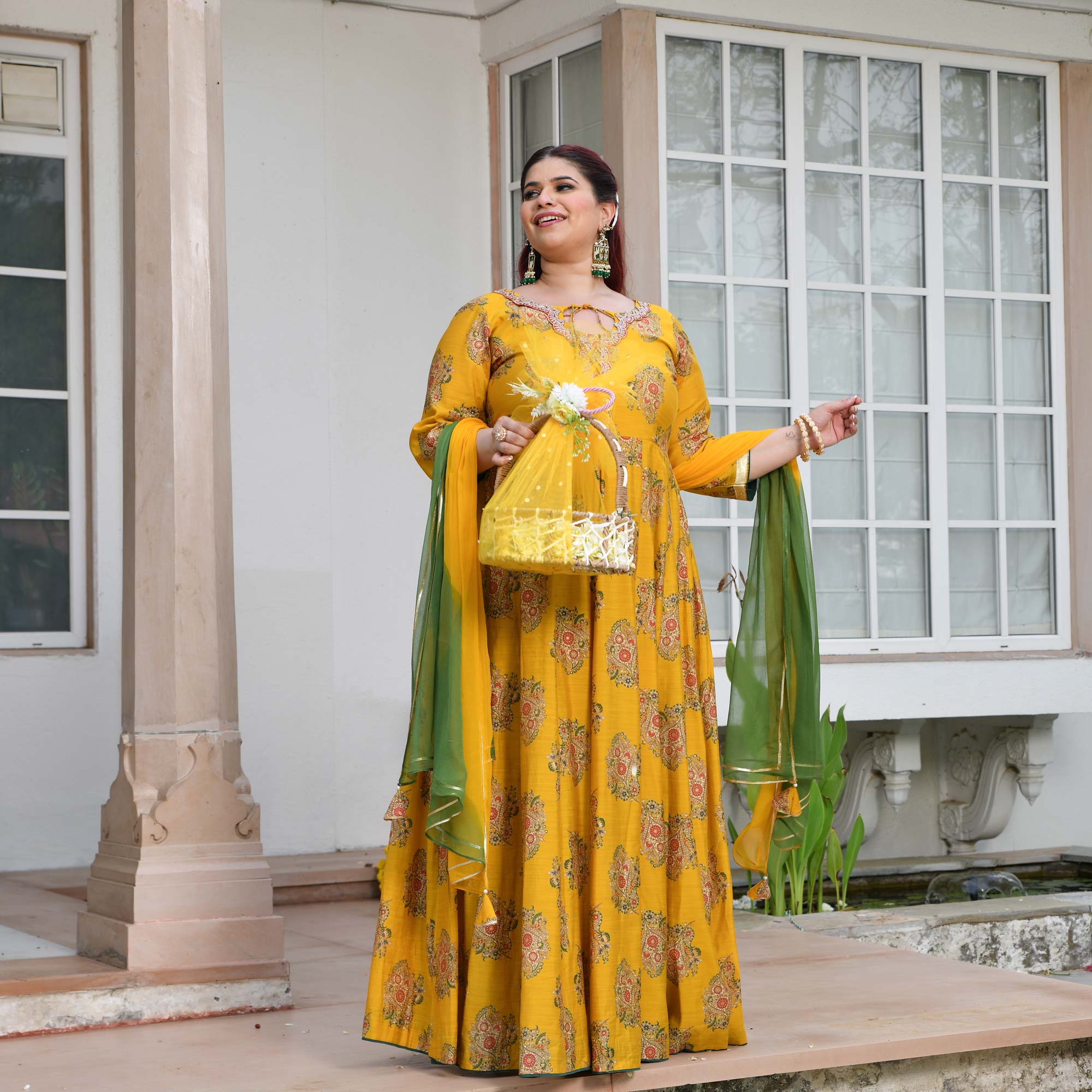 Kishori - Marigold Yellow Floral Modal Viscose Anarkali Set