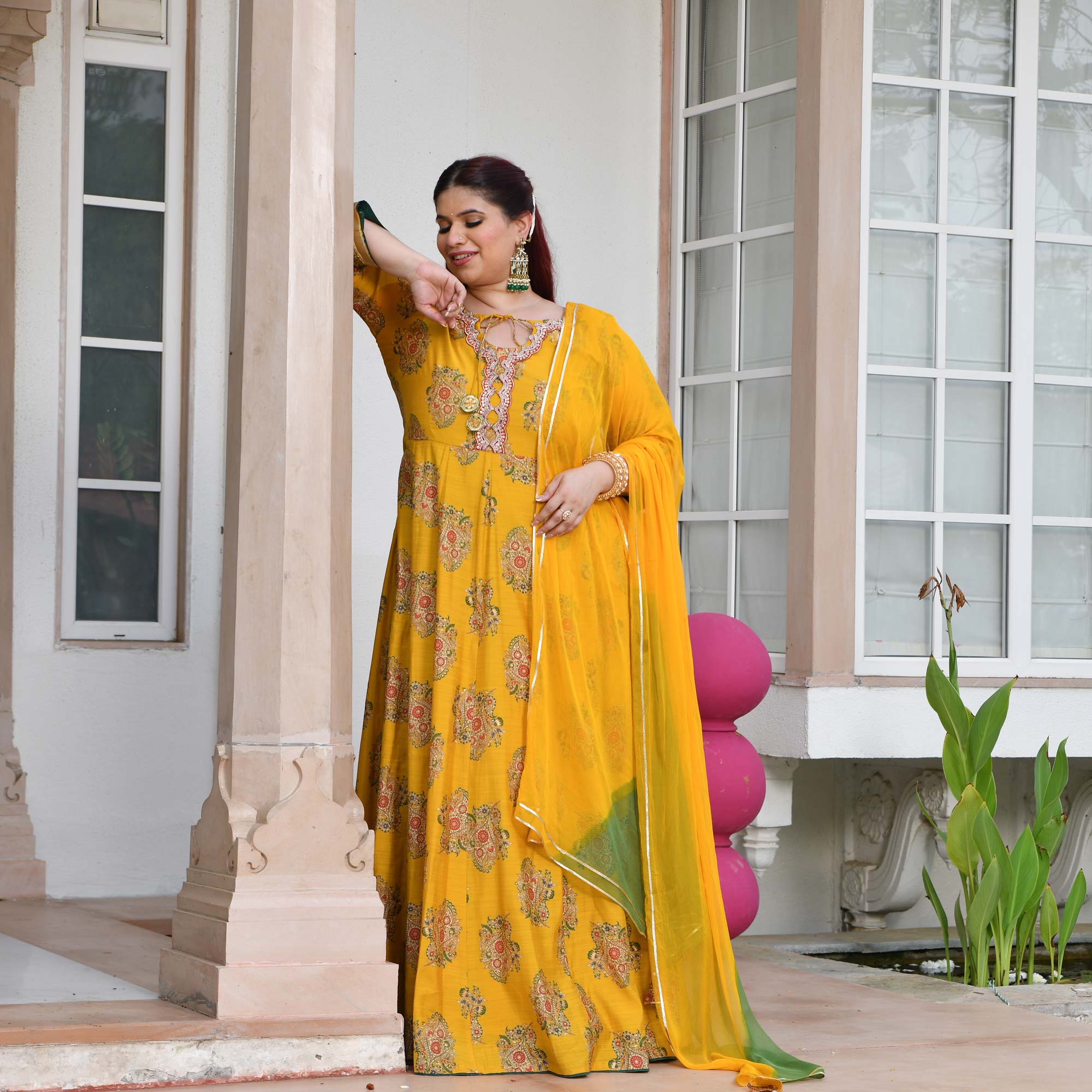 Kishori - Marigold Yellow Floral Modal Viscose Anarkali Set