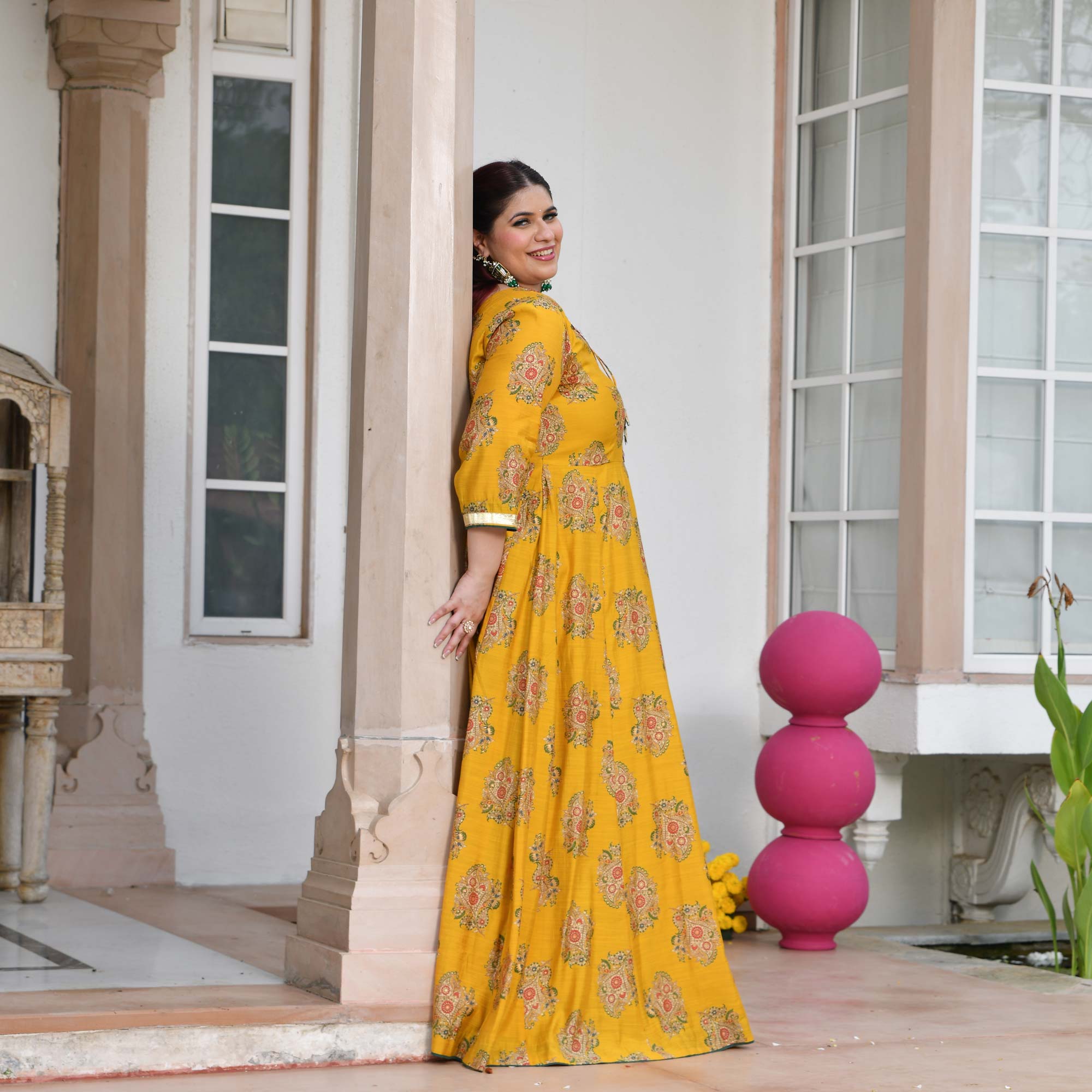 Kishori - Marigold Yellow Floral Modal Viscose Anarkali Set