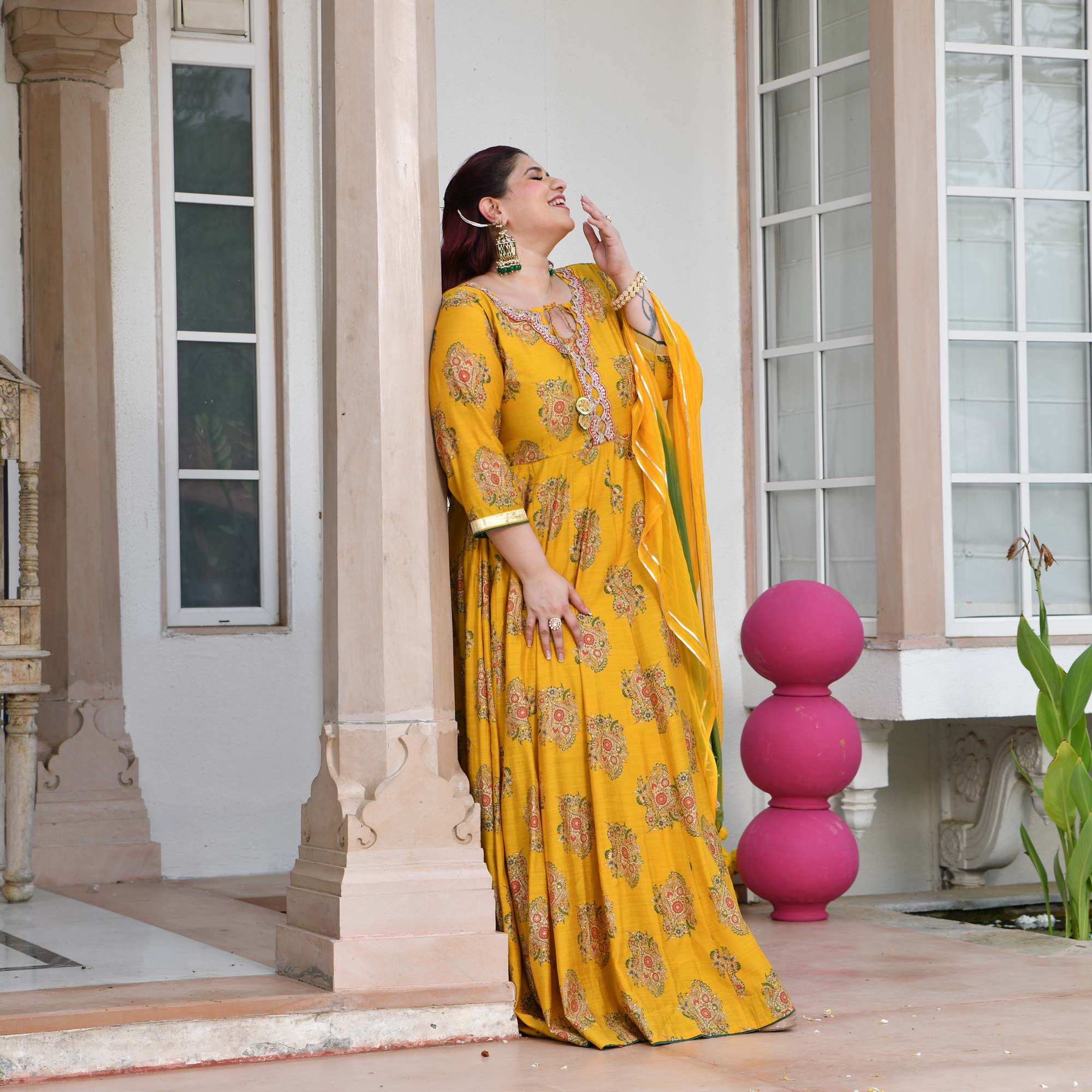 Kishori - Marigold Yellow Floral Modal Viscose Anarkali Set