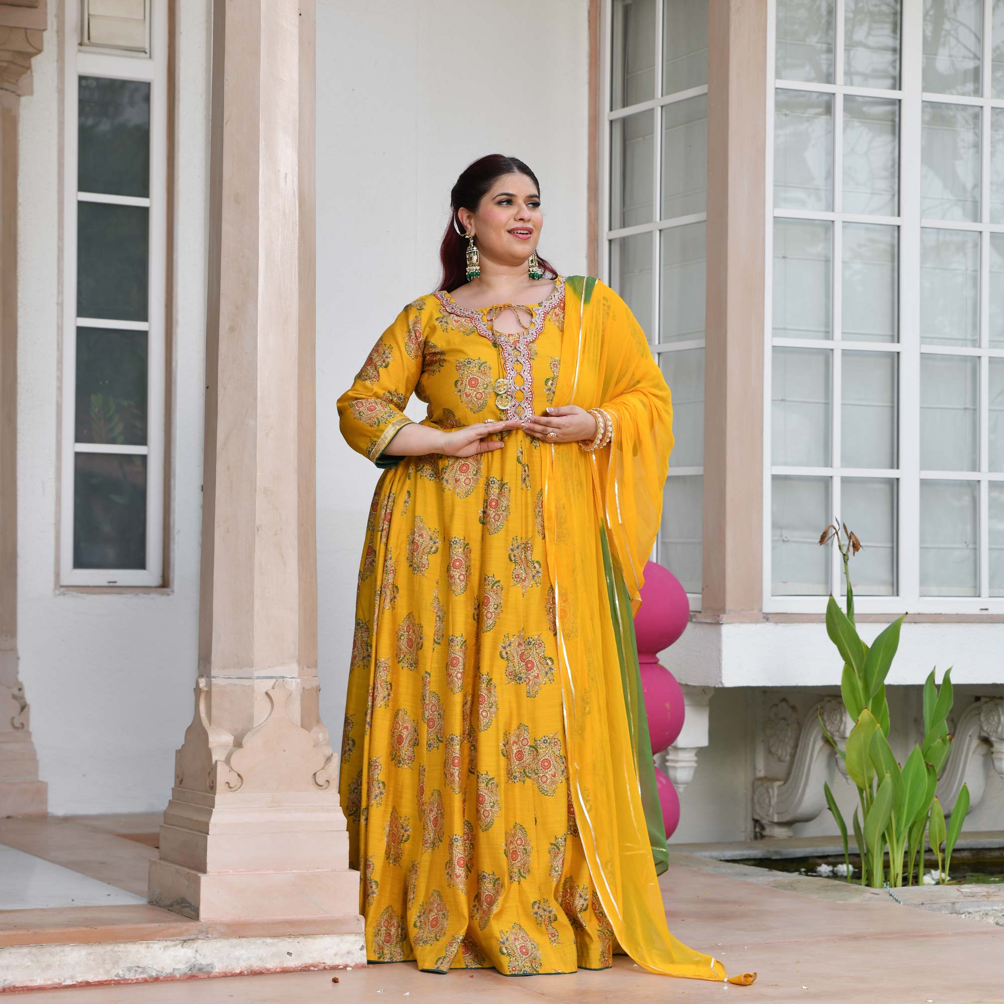 Kishori - Marigold Yellow Floral Modal Viscose Anarkali Set