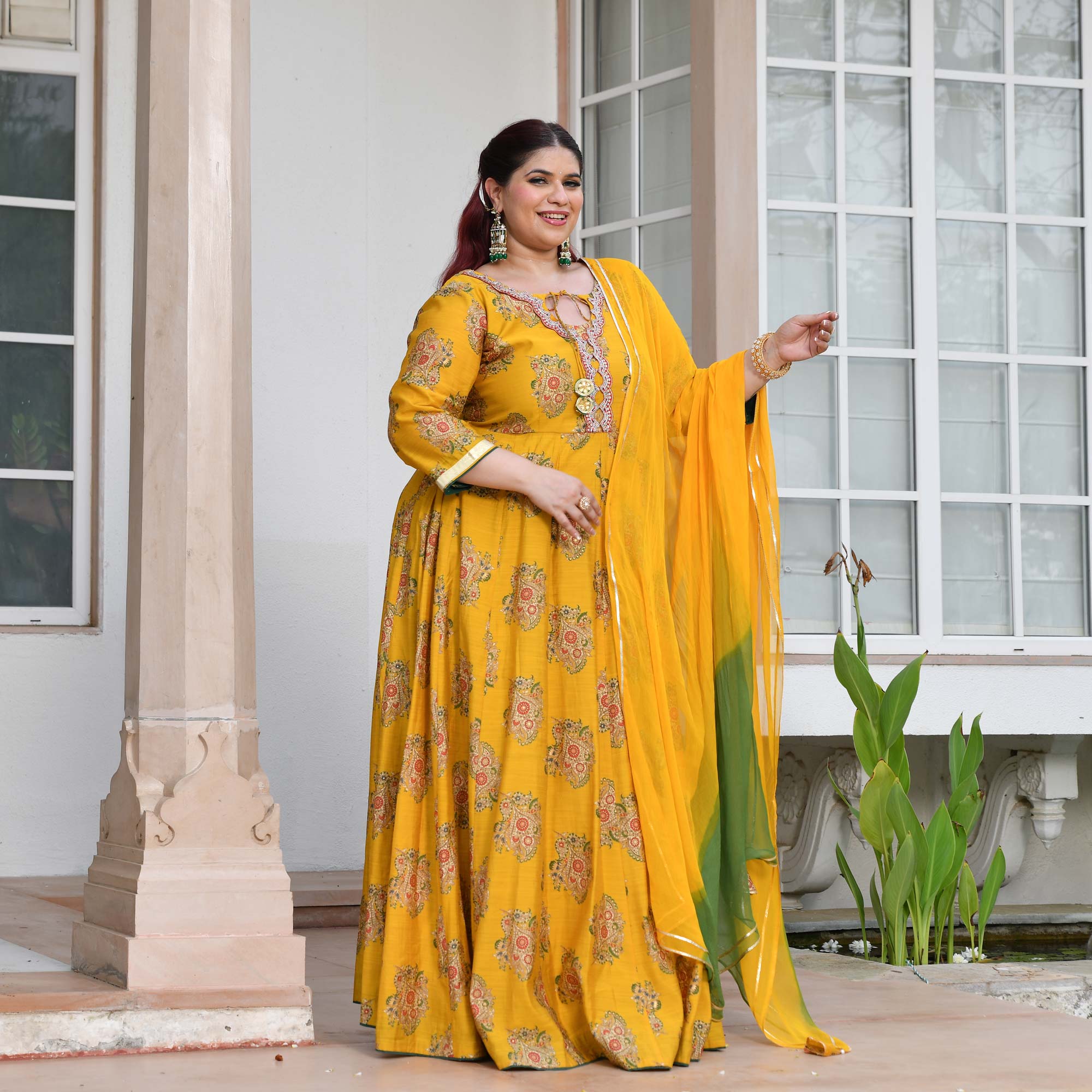 Kishori - Marigold Yellow Floral Modal Viscose Anarkali Set