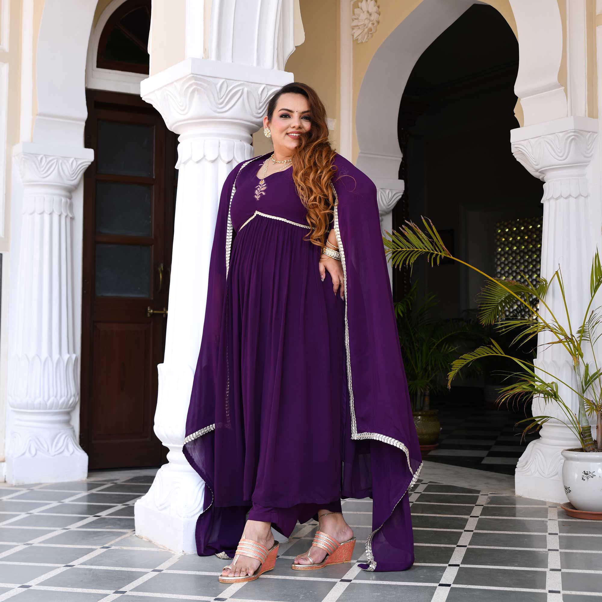 Deep Purple Banarasi Alia Cut Georgette Suit Set