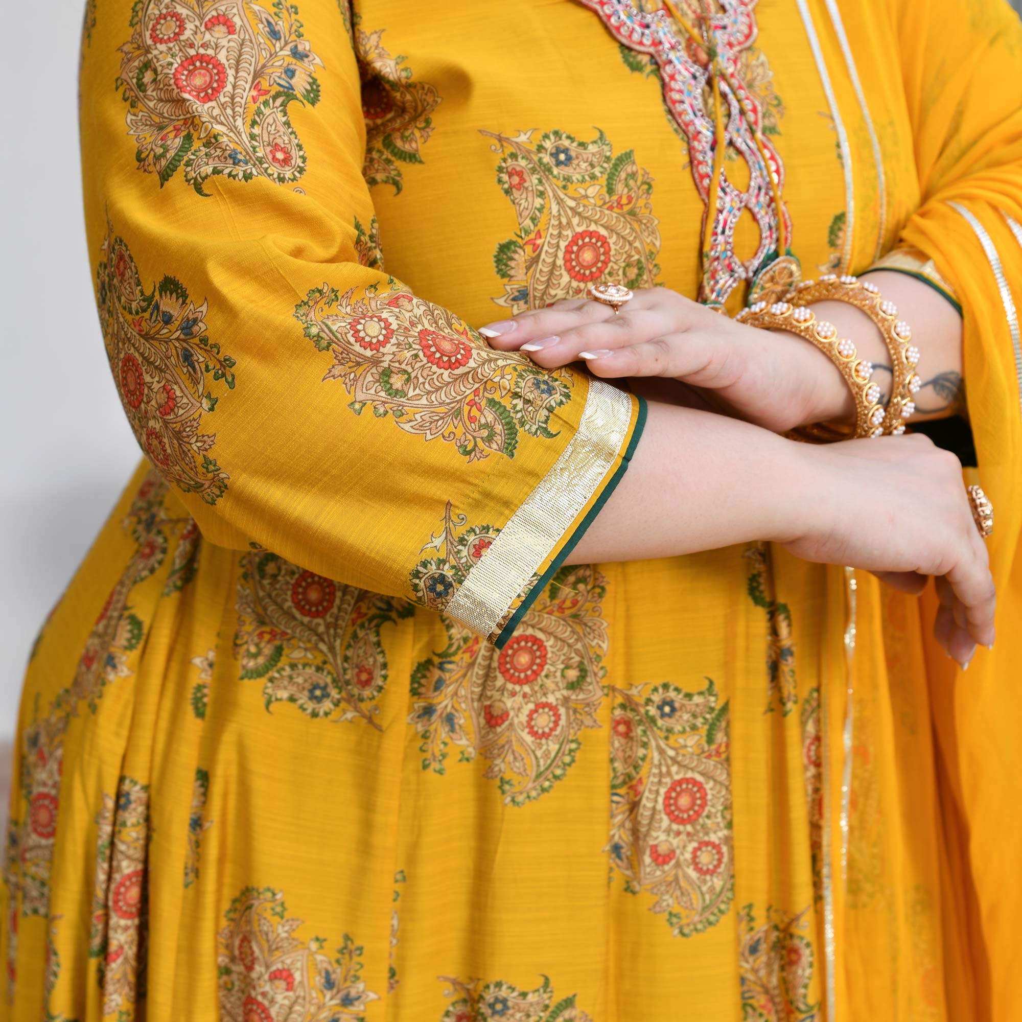 Kishori - Marigold Yellow Floral Modal Viscose Anarkali Set