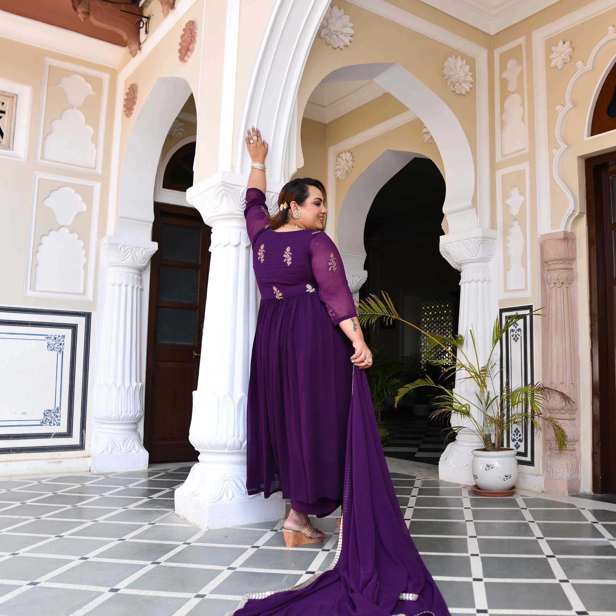 Deep Purple Banarasi Alia Cut Georgette Suit Set