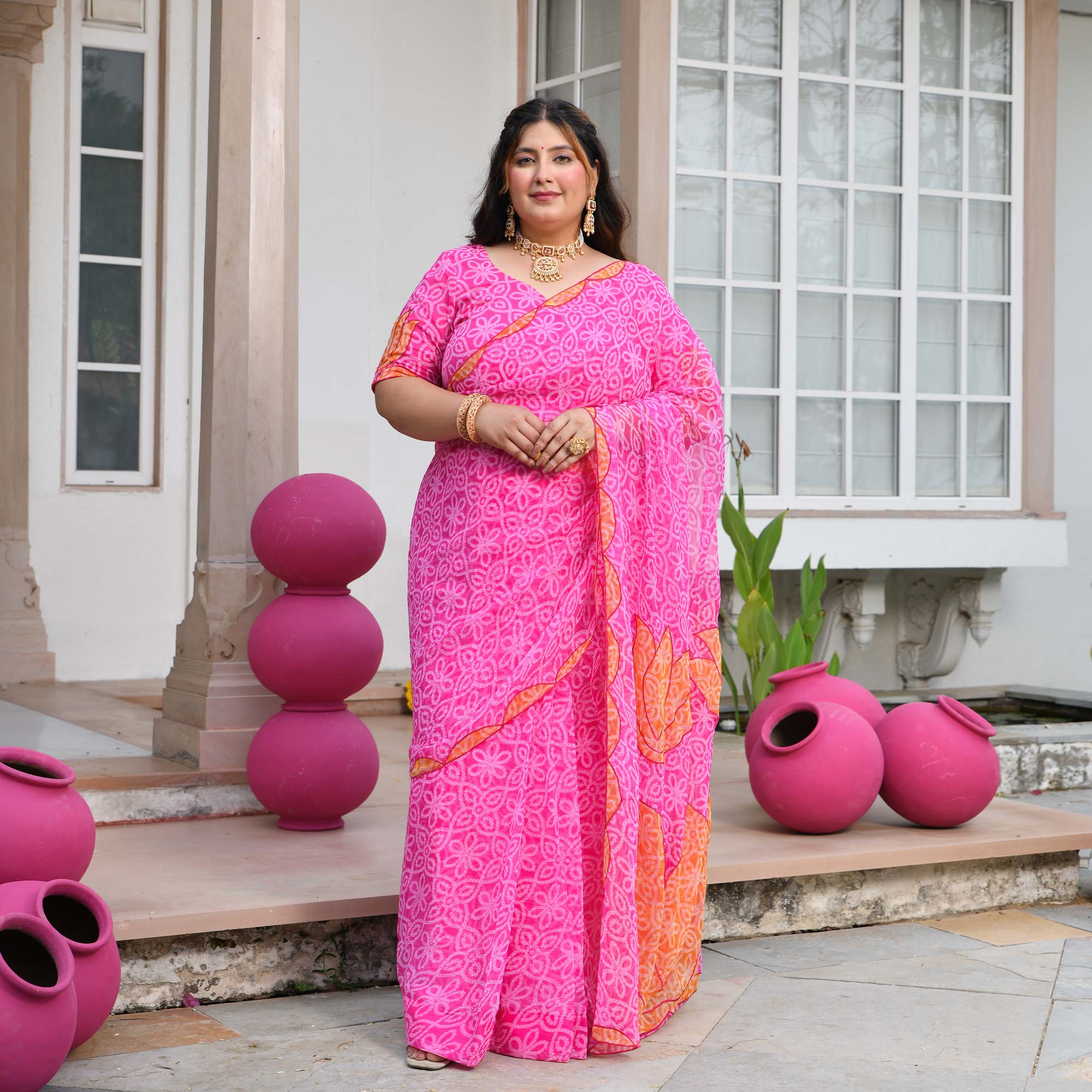 Nazakat- Gulabi Bandhani Applique Chiffon Pre-drape Saree