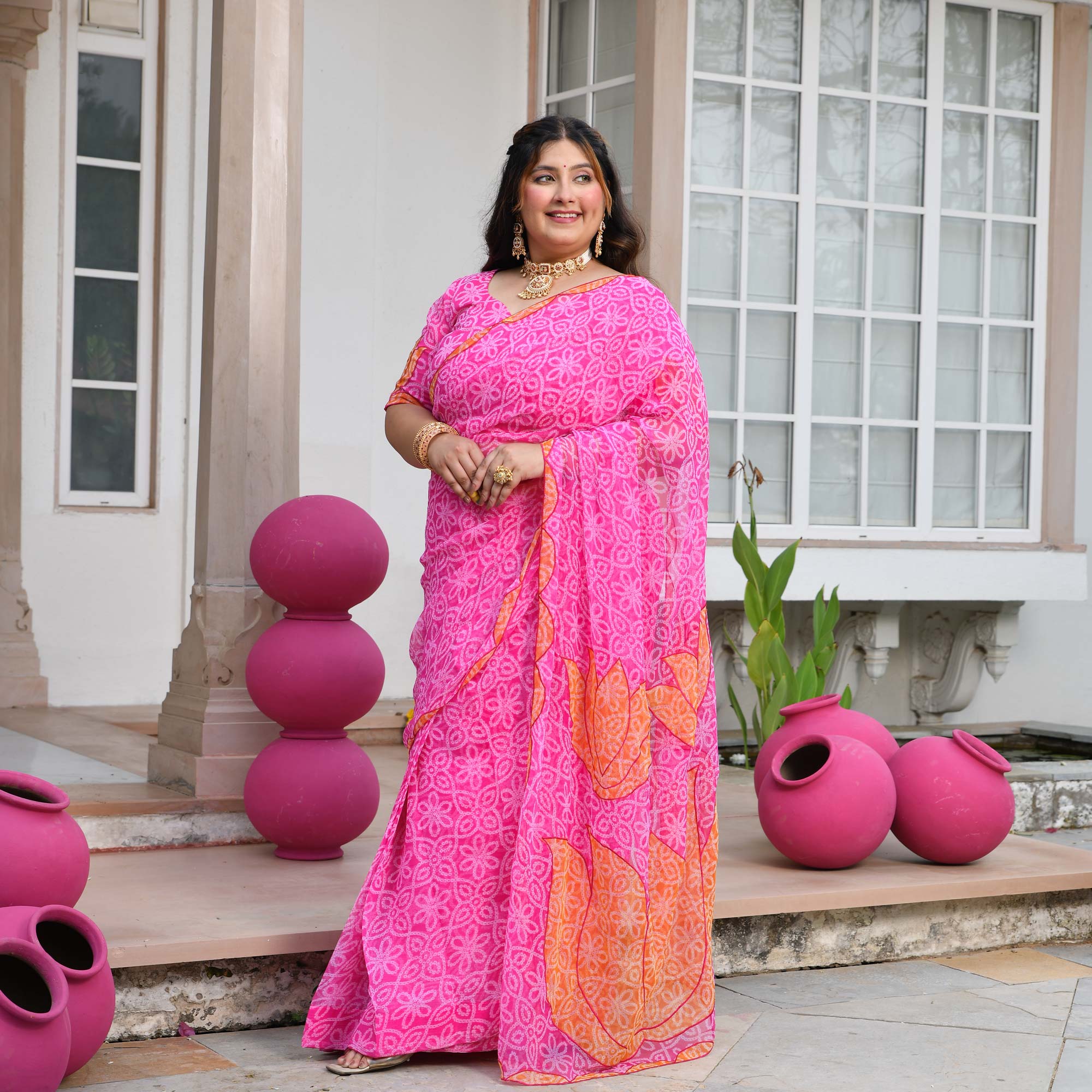 Nazakat- Gulabi Bandhani Applique Chiffon Pre-drape Saree