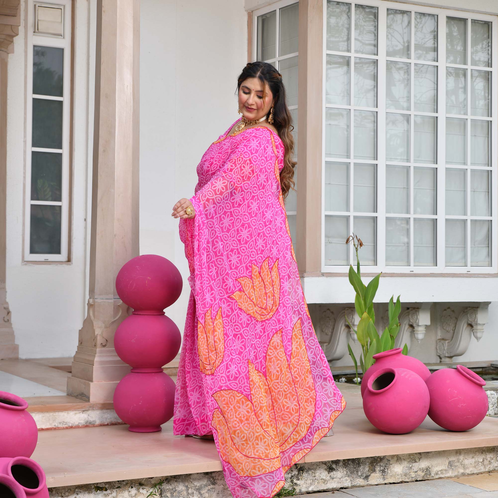 Nazakat- Gulabi Bandhani Applique Chiffon Pre-drape Saree