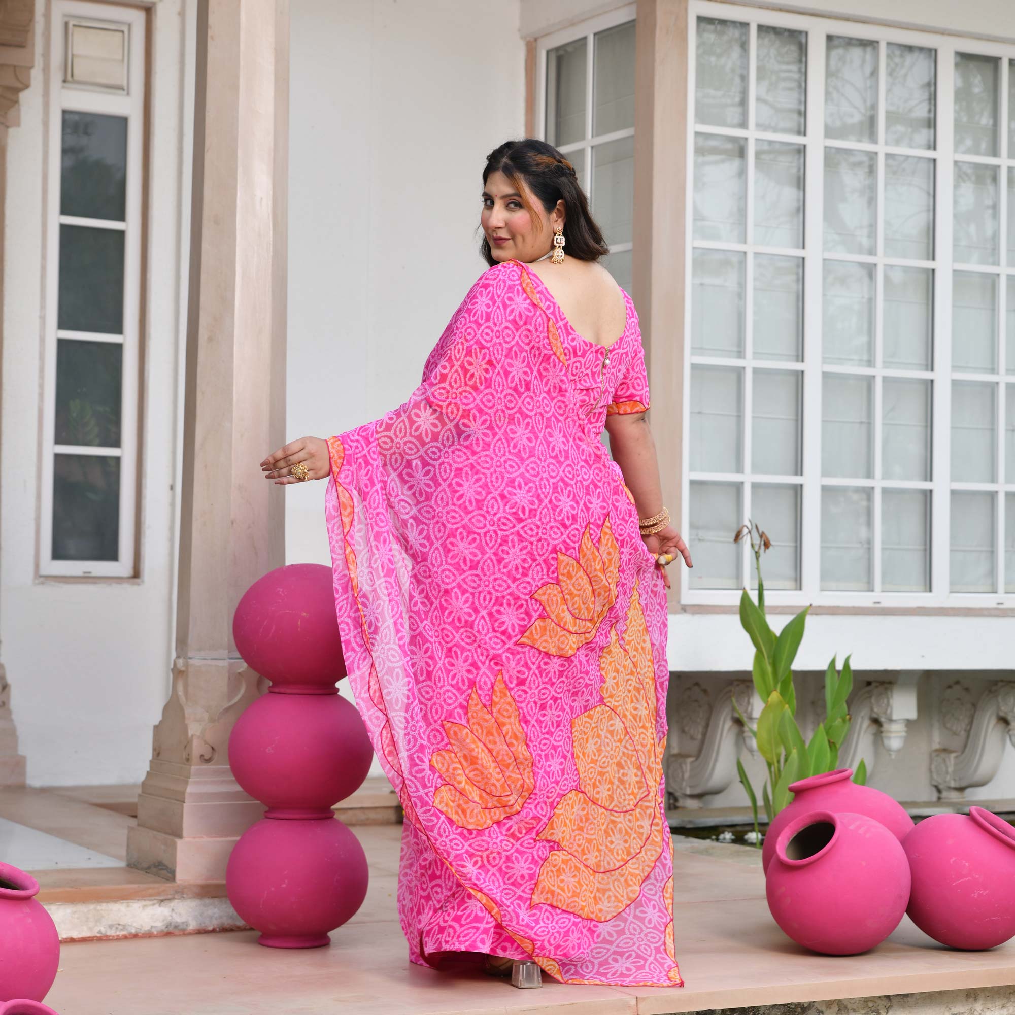 Nazakat- Gulabi Bandhani Applique Chiffon Pre-drape Saree