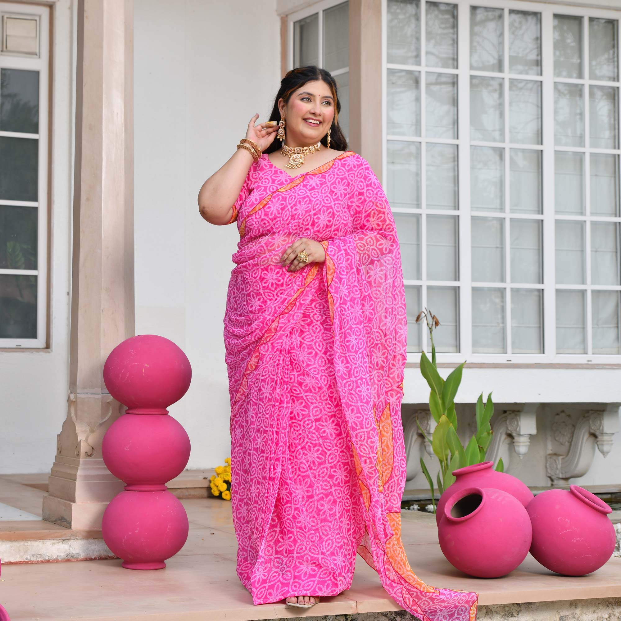 Nazakat- Gulabi Bandhani Applique Chiffon Pre-drape Saree