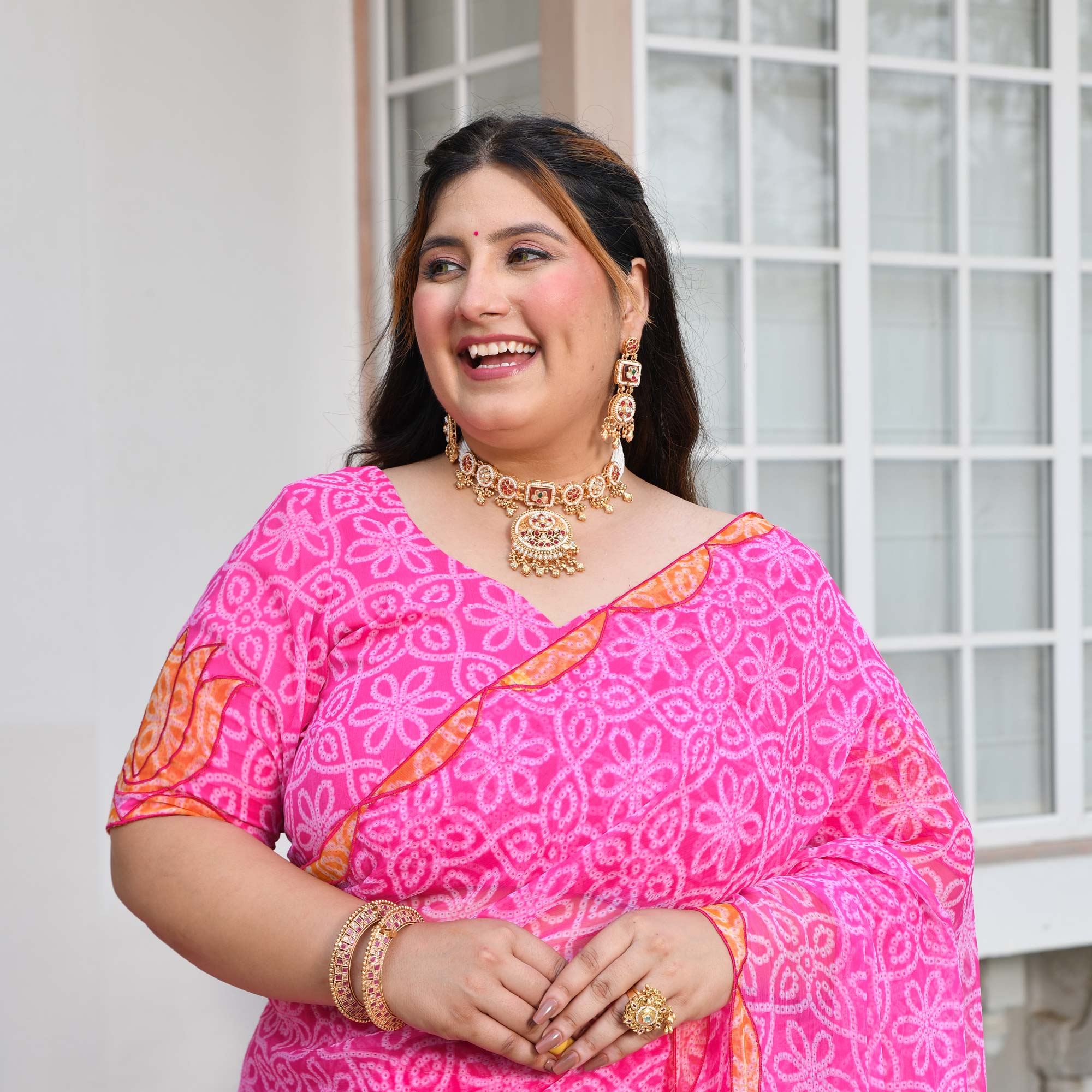 Nazakat- Gulabi Bandhani Applique Chiffon Pre-drape Saree