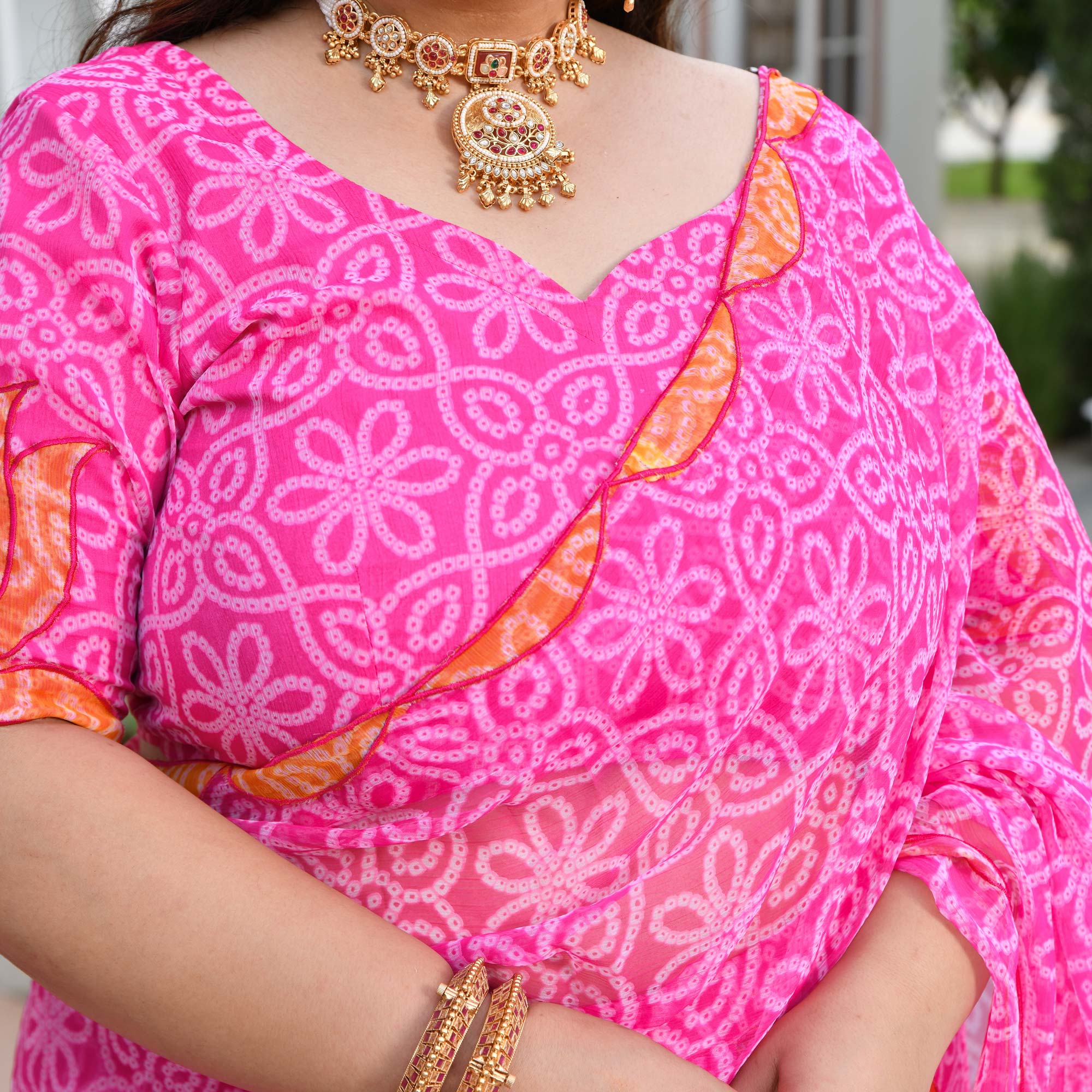 Nazakat- Gulabi Bandhani Applique Chiffon Pre-drape Saree