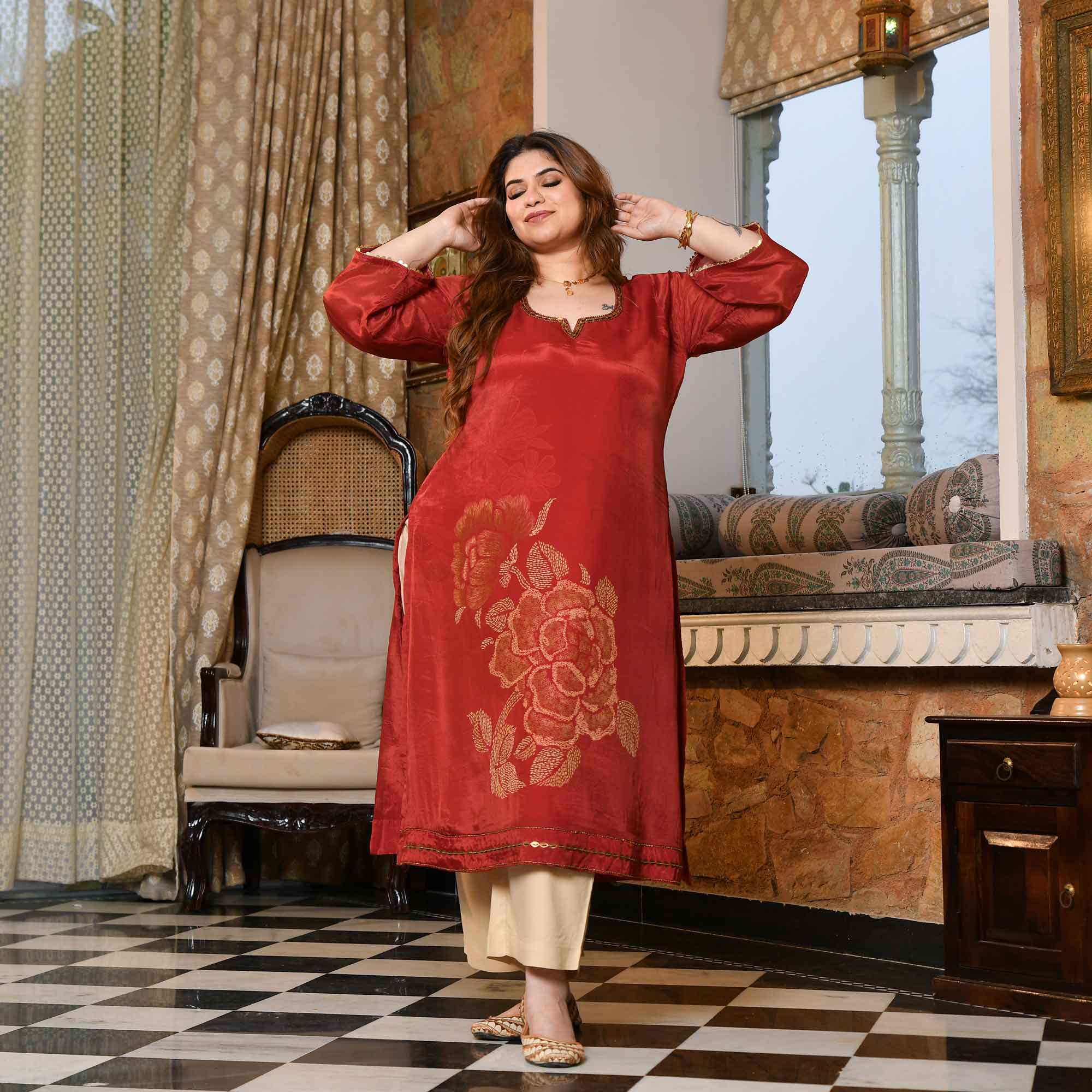 Sandalwood- Rust Floral Pure Organza Satin Kurta