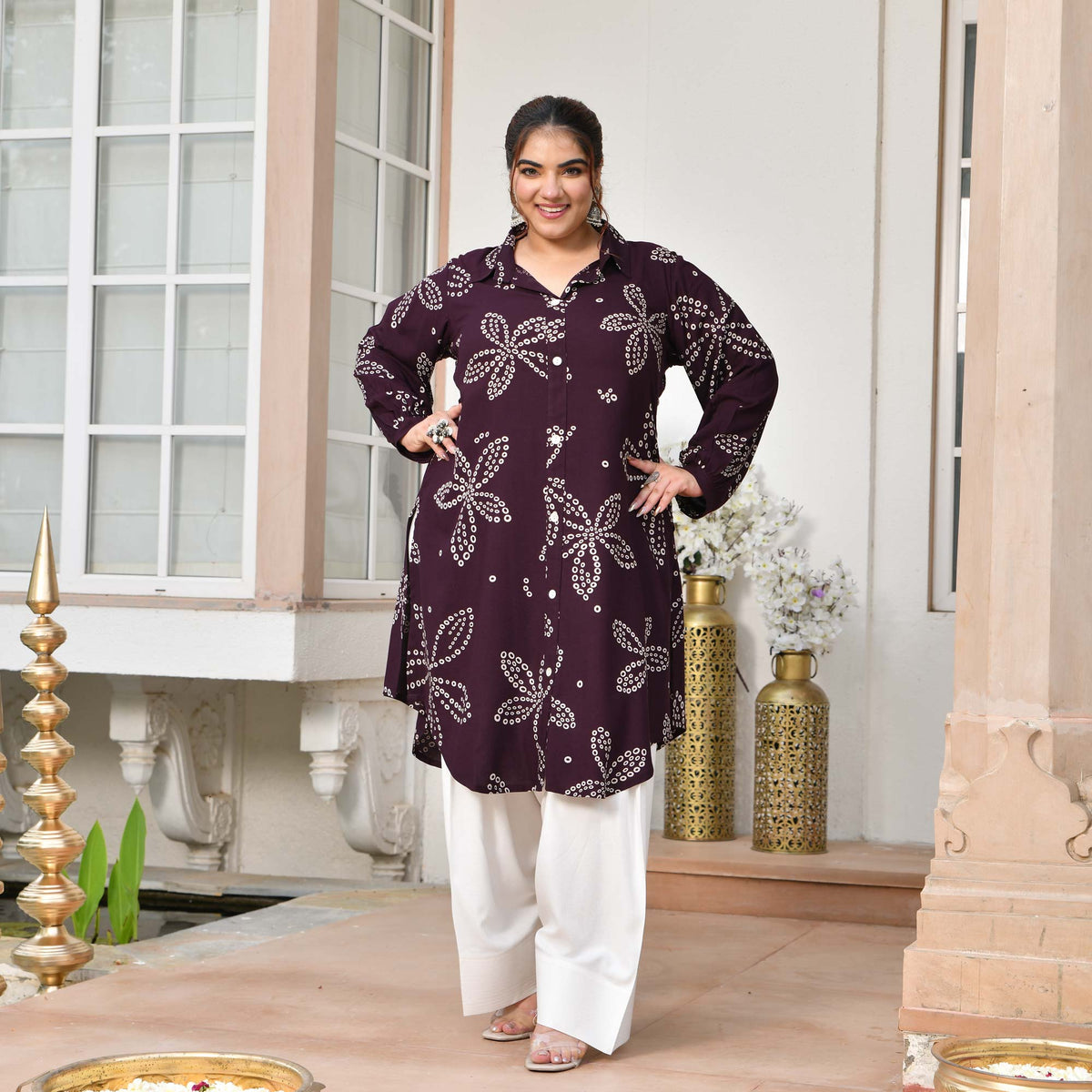 Isabelle- Plum Bandhani Rayon Cotton Farshi Set