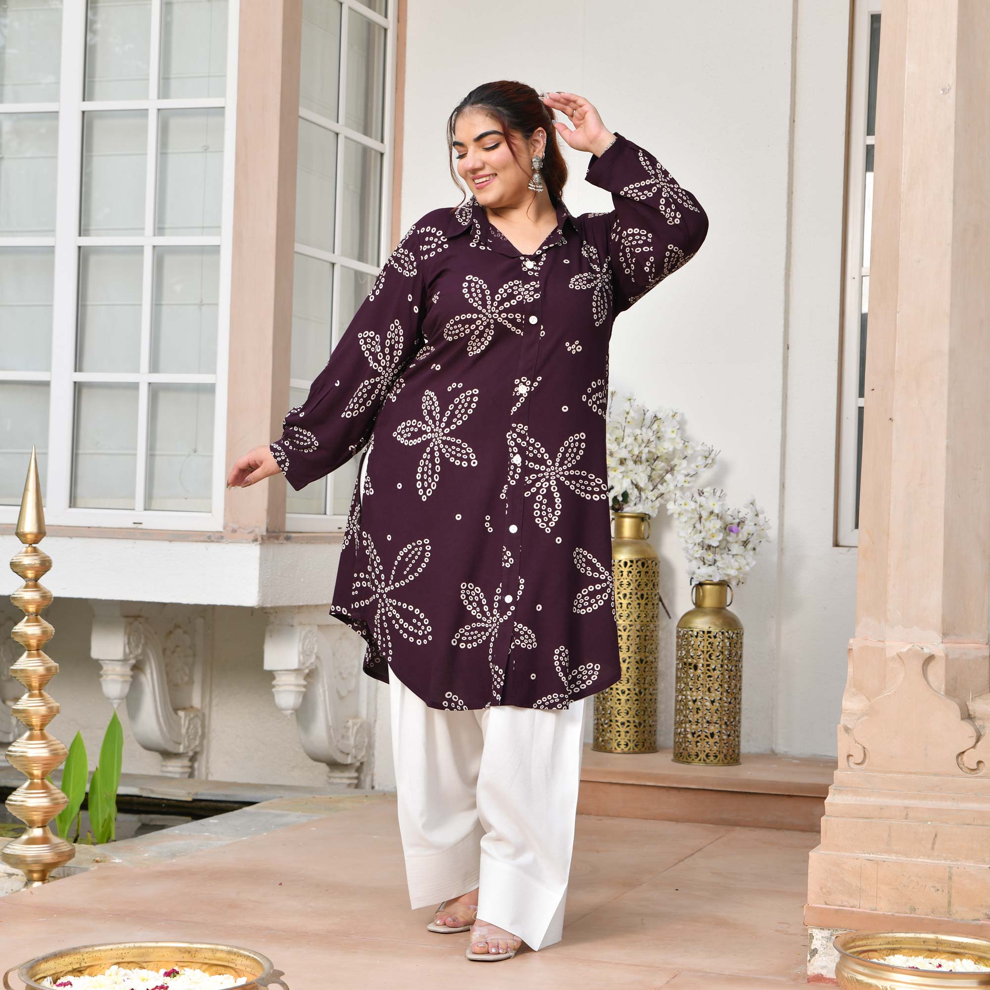 Isabelle- Plum Bandhani Rayon Cotton Farshi Set