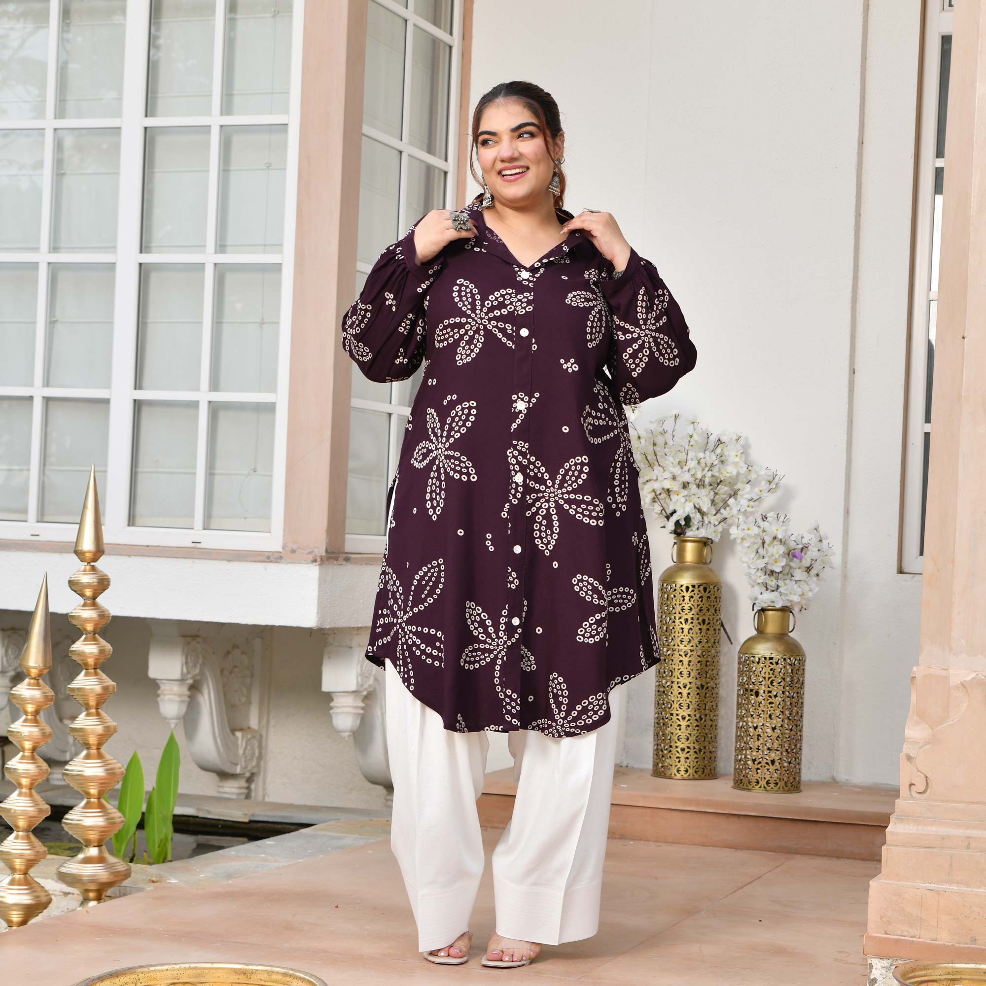 Isabelle- Plum Bandhani Rayon Cotton Farshi Set