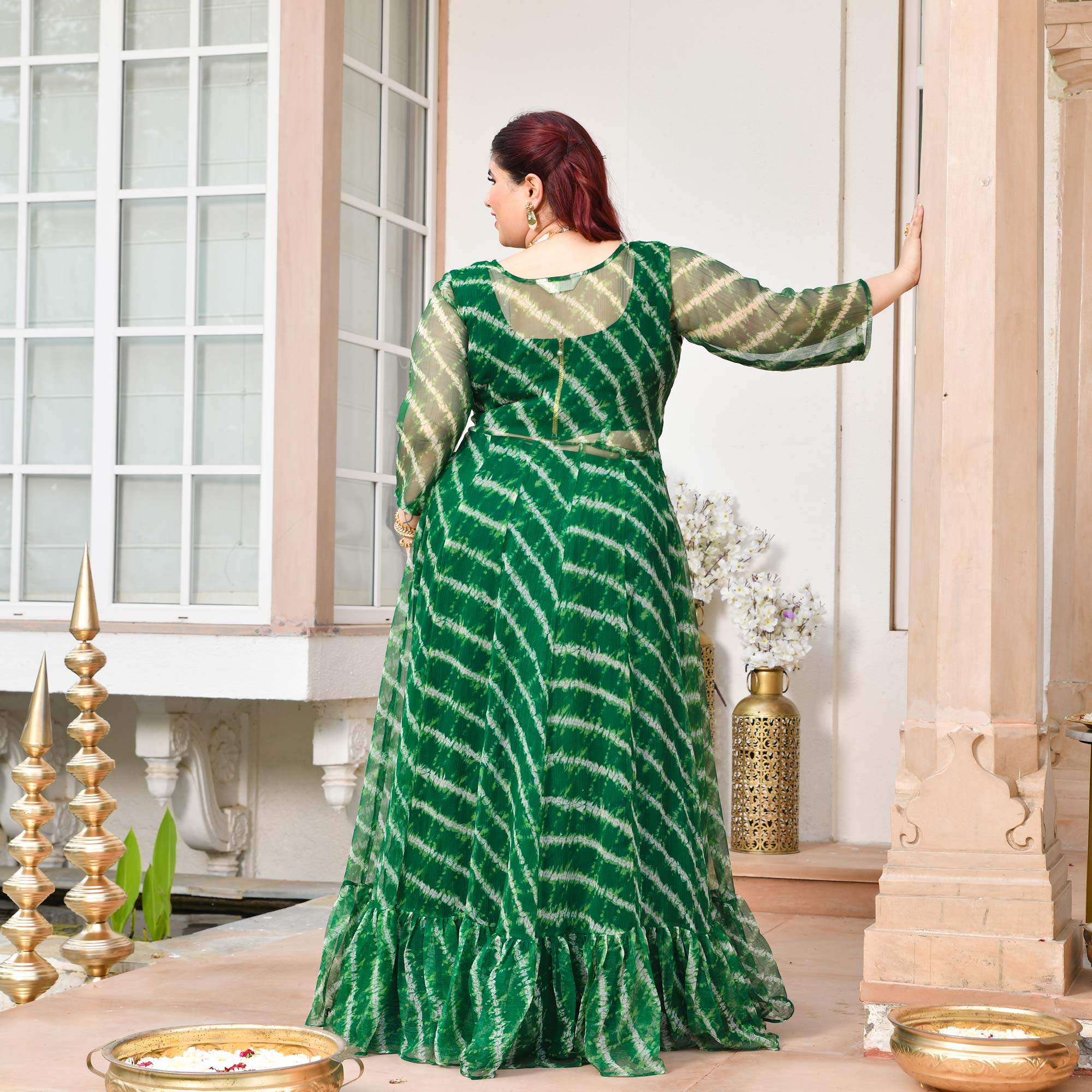 Morni- Dark Green Leheriya Chiffon Cape Set
