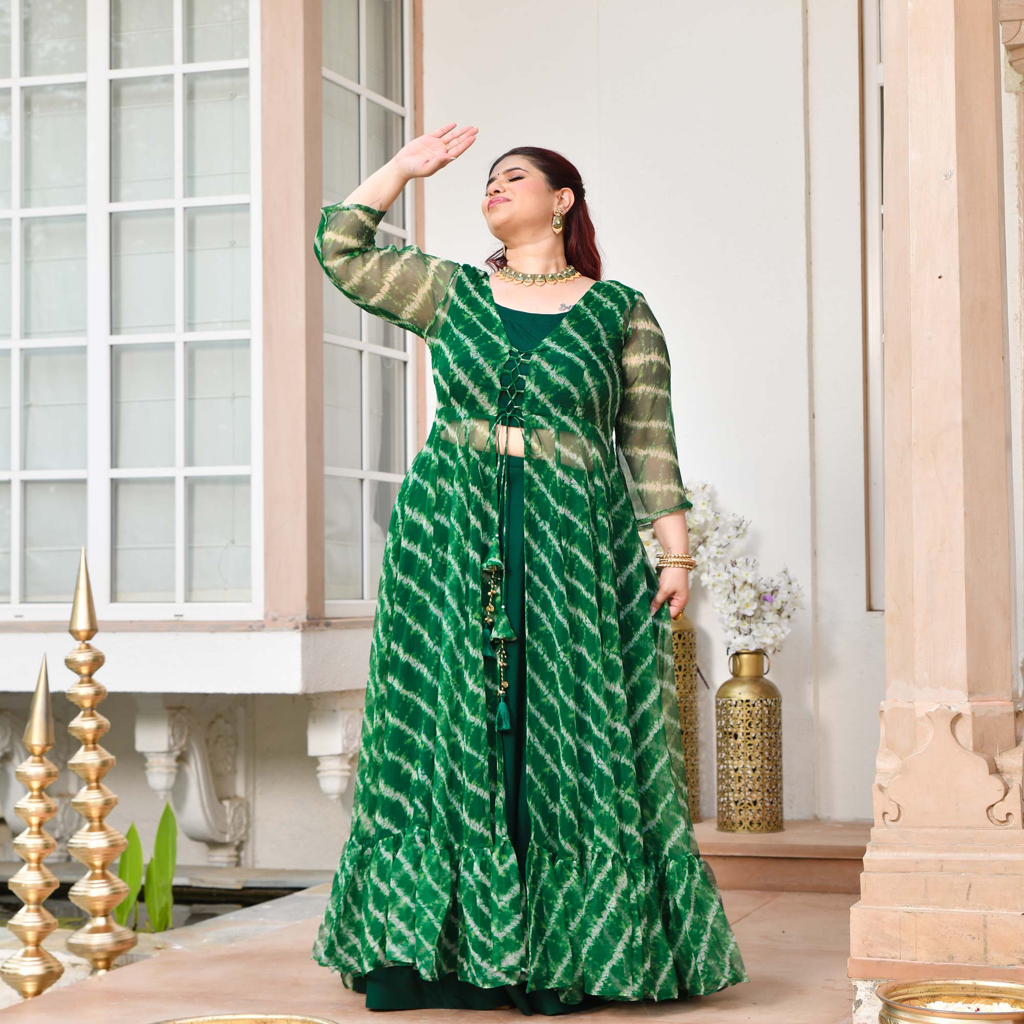 Morni- Dark Green Leheriya Chiffon Cape Set
