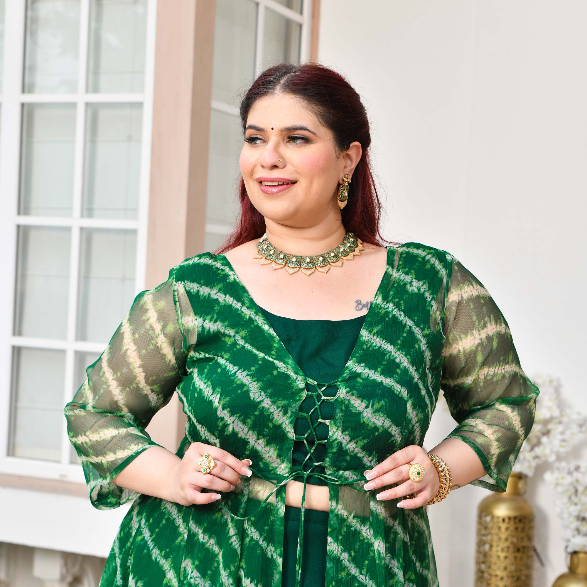 Morni- Dark Green Leheriya Chiffon Cape Set
