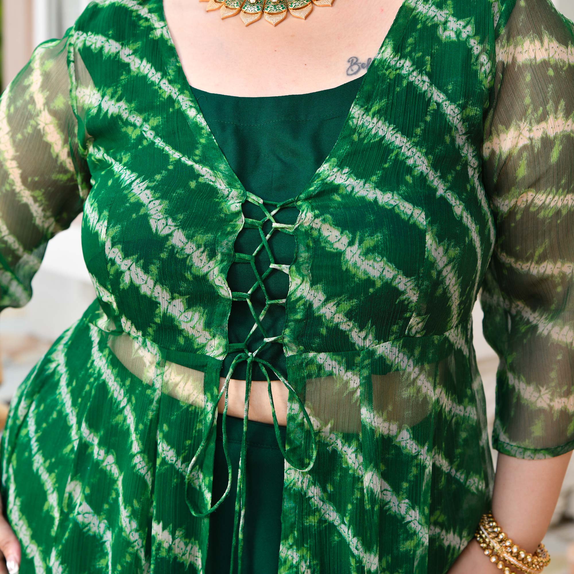 Morni- Dark Green Leheriya Chiffon Cape Set