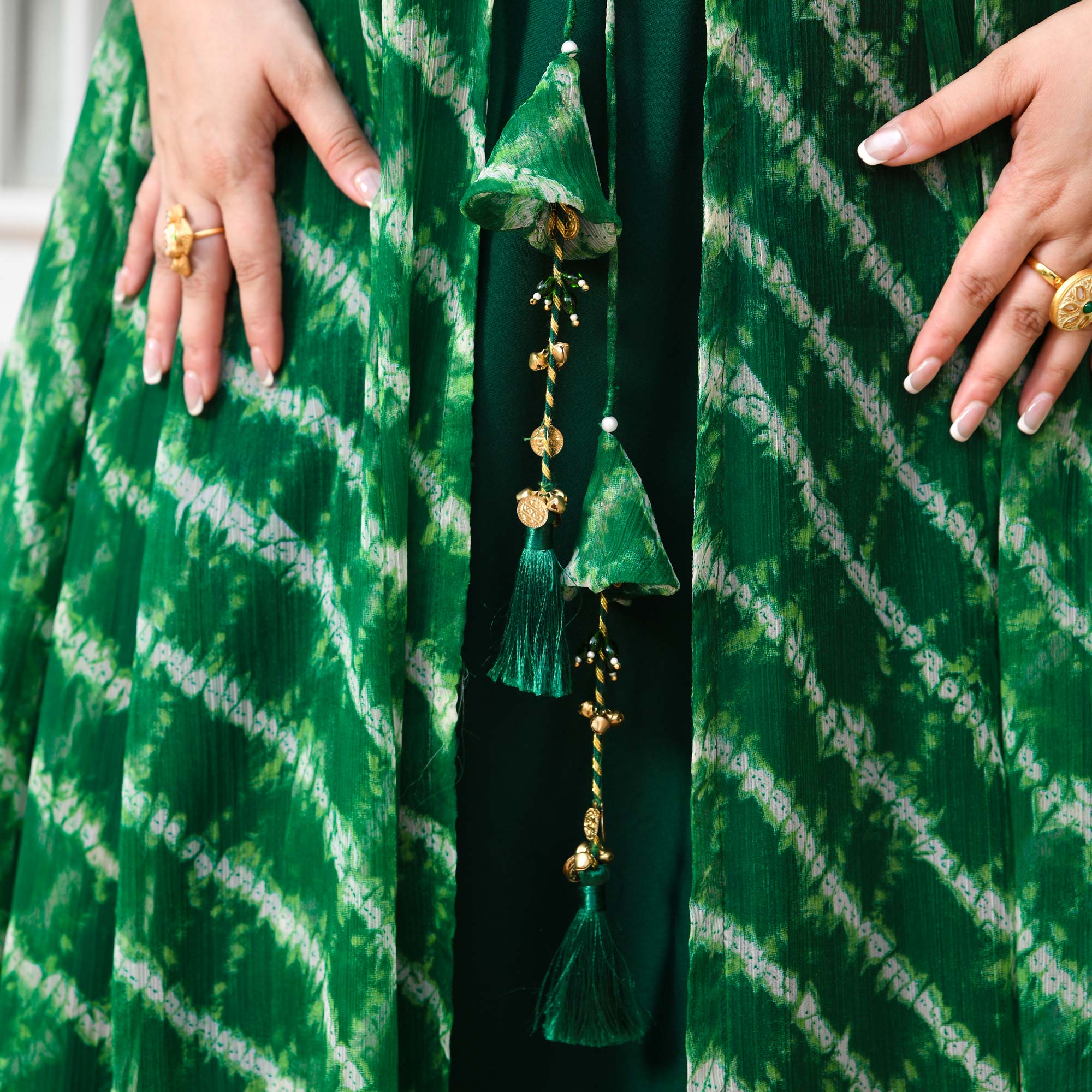 Morni- Dark Green Leheriya Chiffon Cape Set