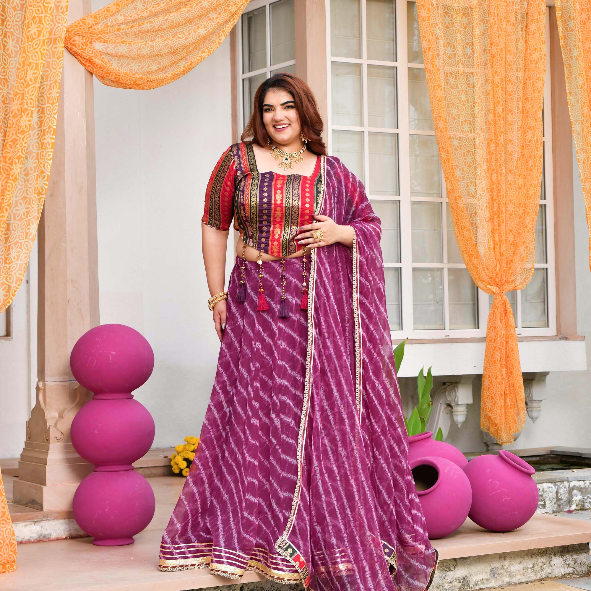 Basanti- Wine Banarasi Brocade Leheriya Chiffon Lehenga Set