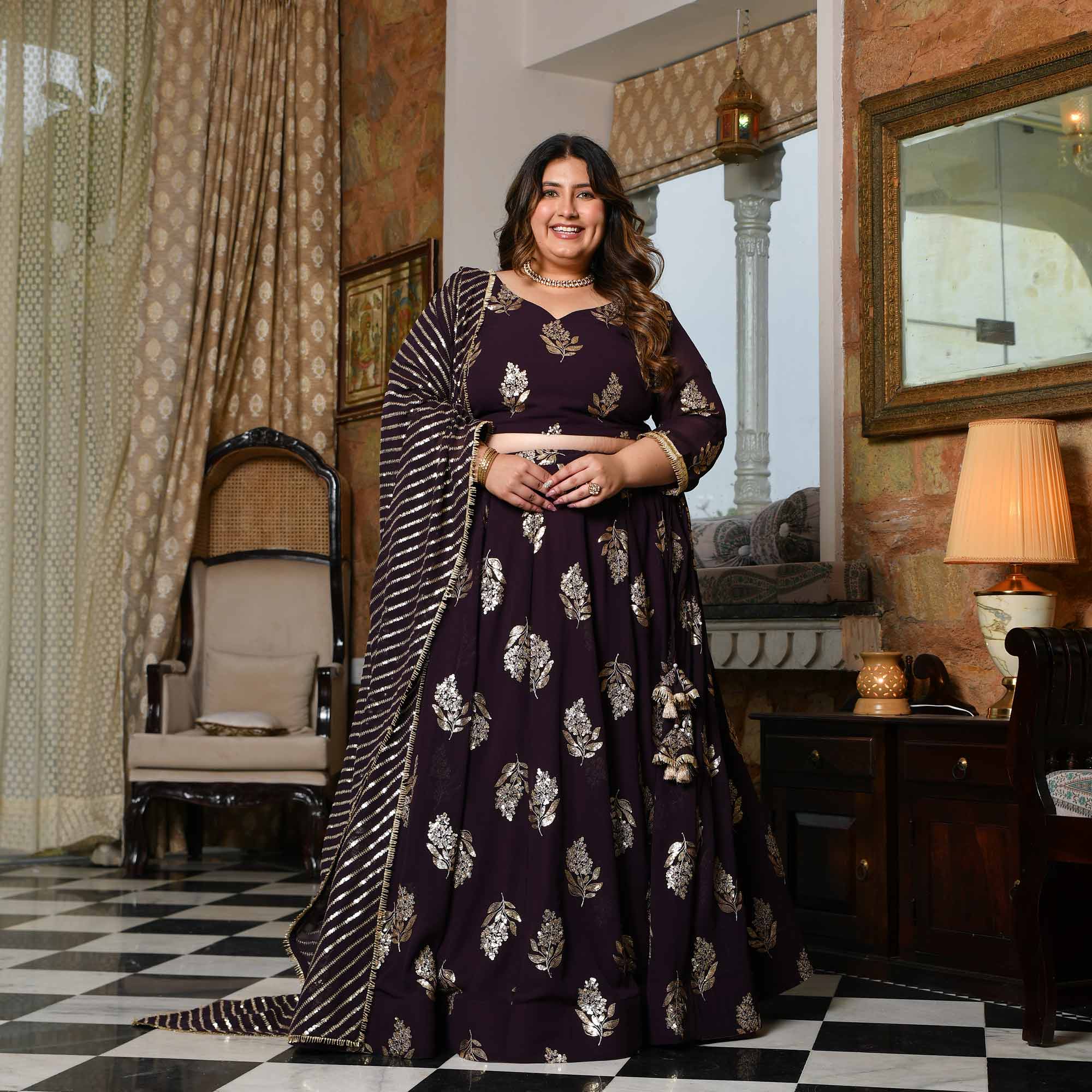 Coca Cola- Vintage Plum Sequin Embroidered Georgette Lehenga Set