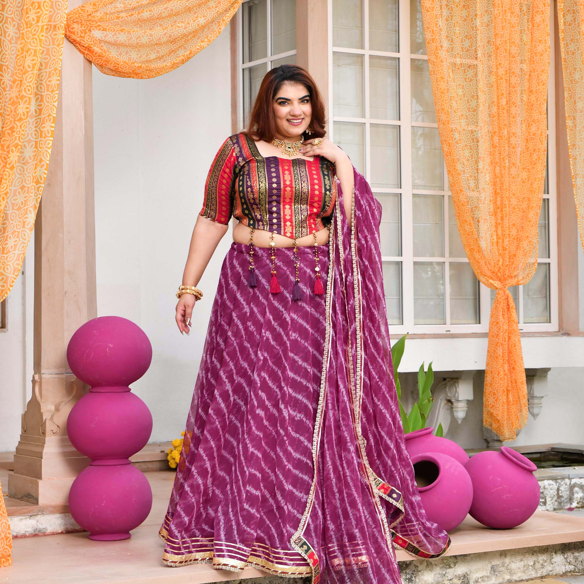 Basanti- Wine Banarasi Brocade Leheriya Chiffon Lehenga Set