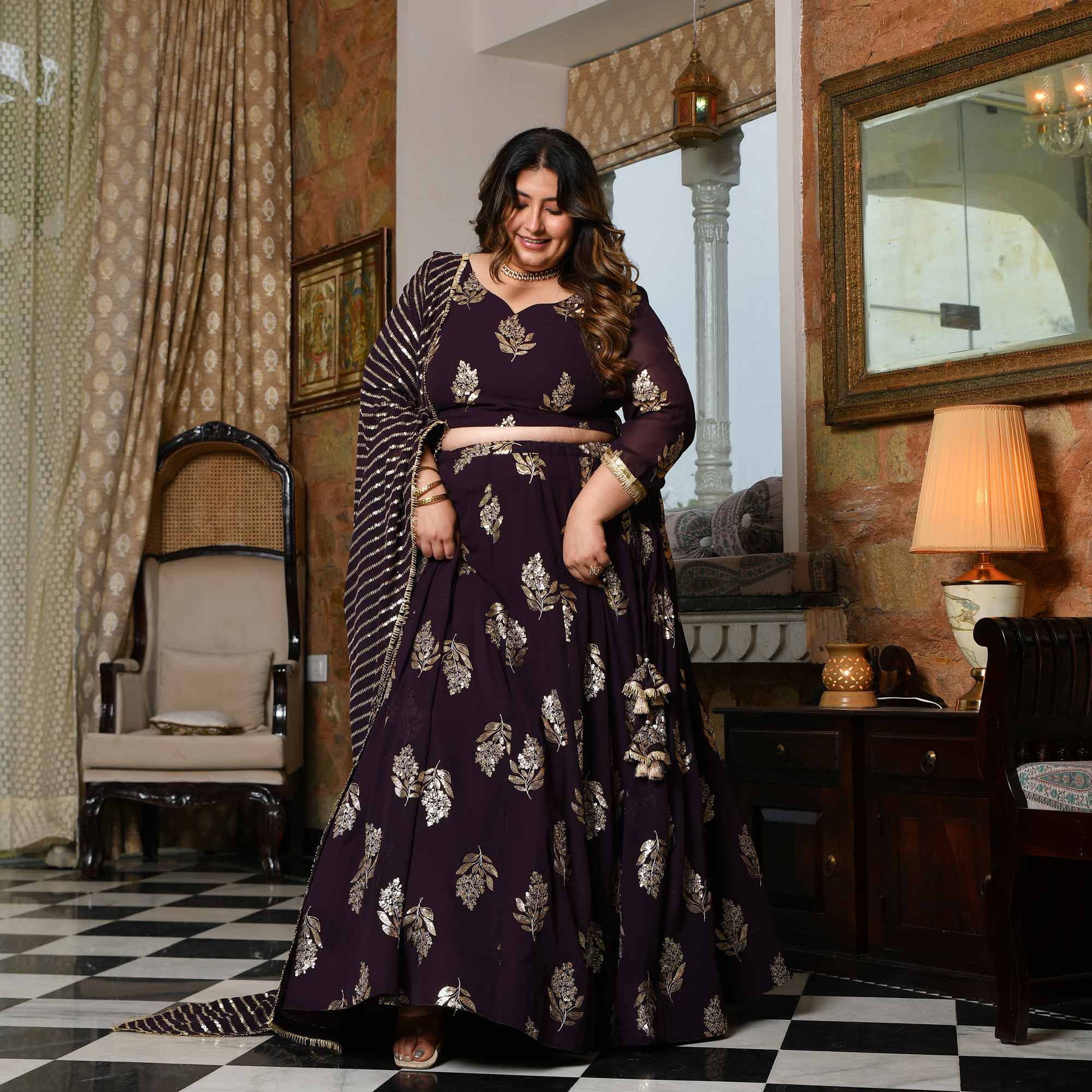 Coca Cola- Vintage Plum Sequin Embroidered Georgette Lehenga Set