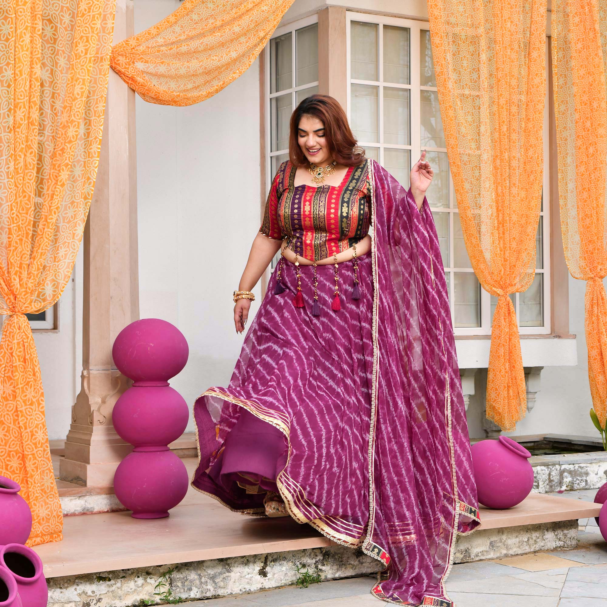 Basanti- Wine Banarasi Brocade Leheriya Chiffon Lehenga Set