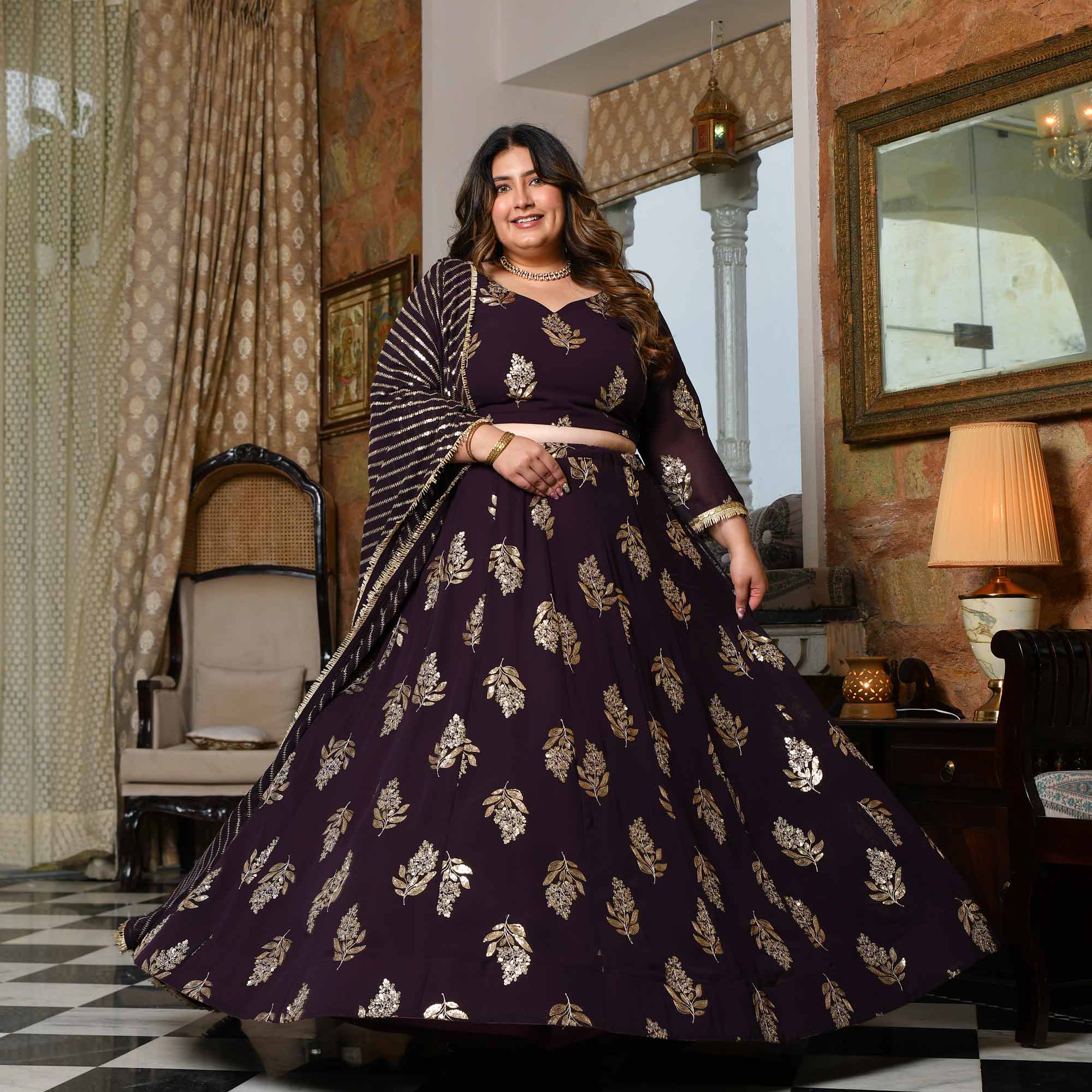 Coca Cola- Vintage Plum Sequin Embroidered Georgette Lehenga Set