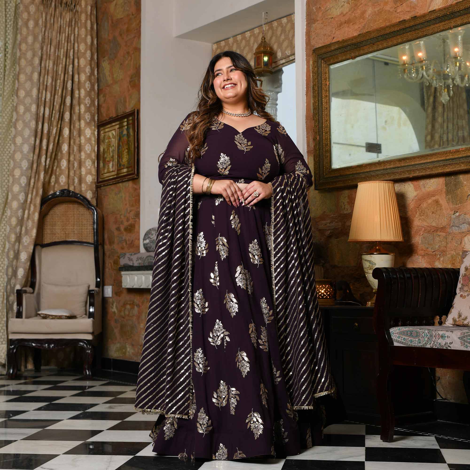 Coca Cola- Vintage Plum Sequin Embroidered Georgette Lehenga Set