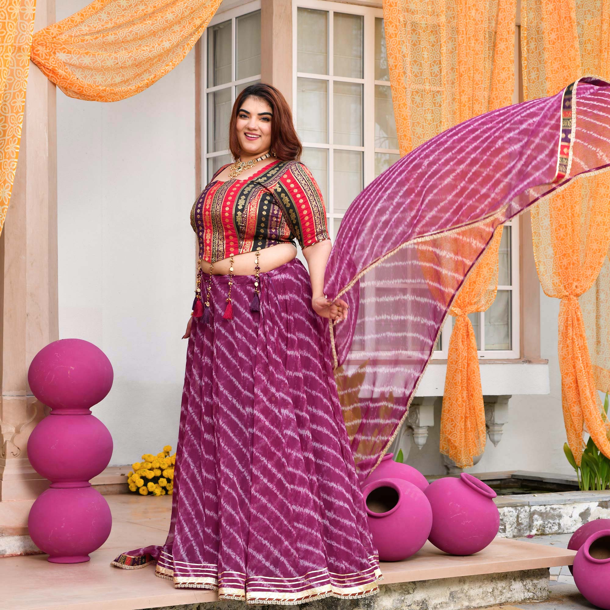 Basanti- Wine Banarasi Brocade Leheriya Chiffon Lehenga Set