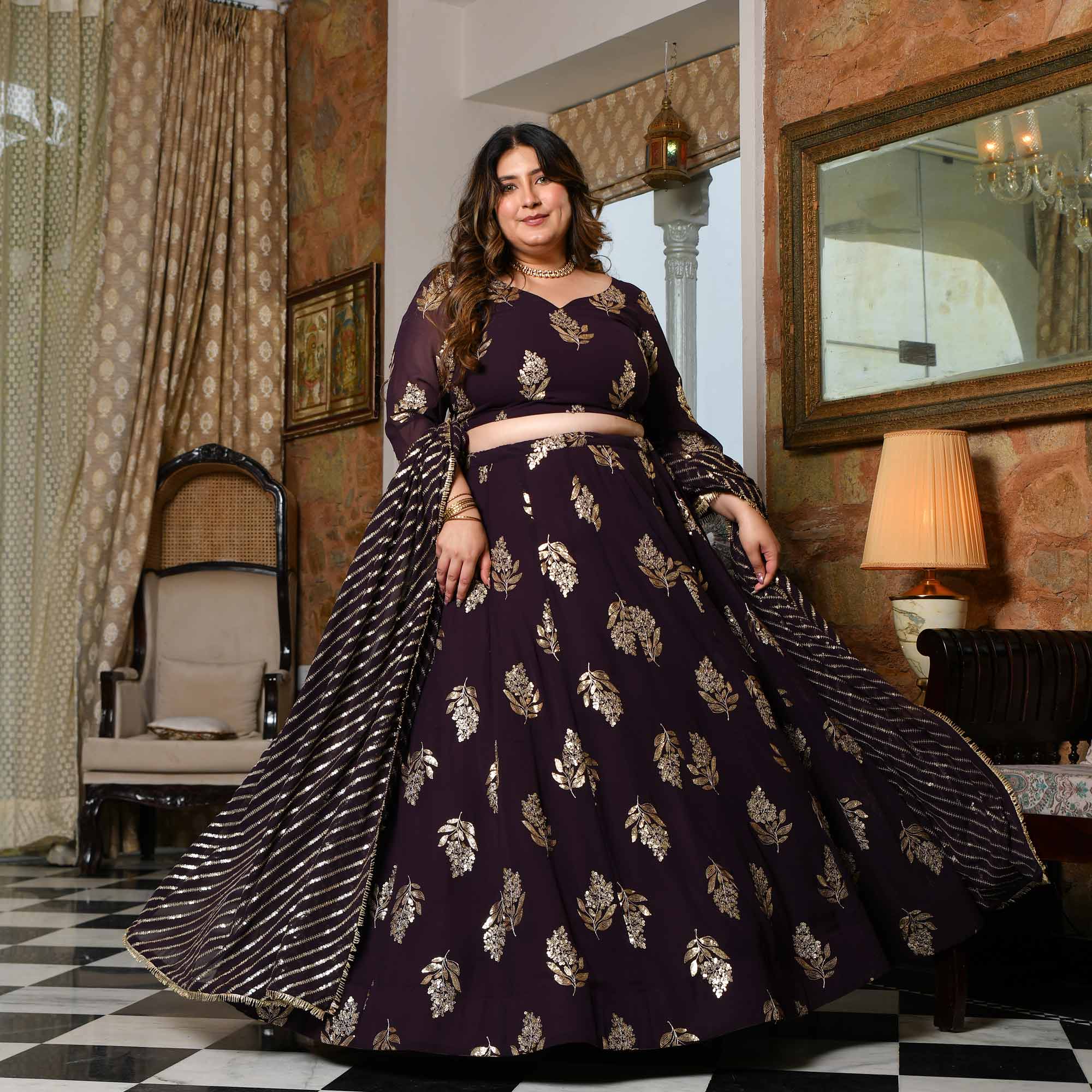 Coca Cola- Vintage Plum Sequin Embroidered Georgette Lehenga Set