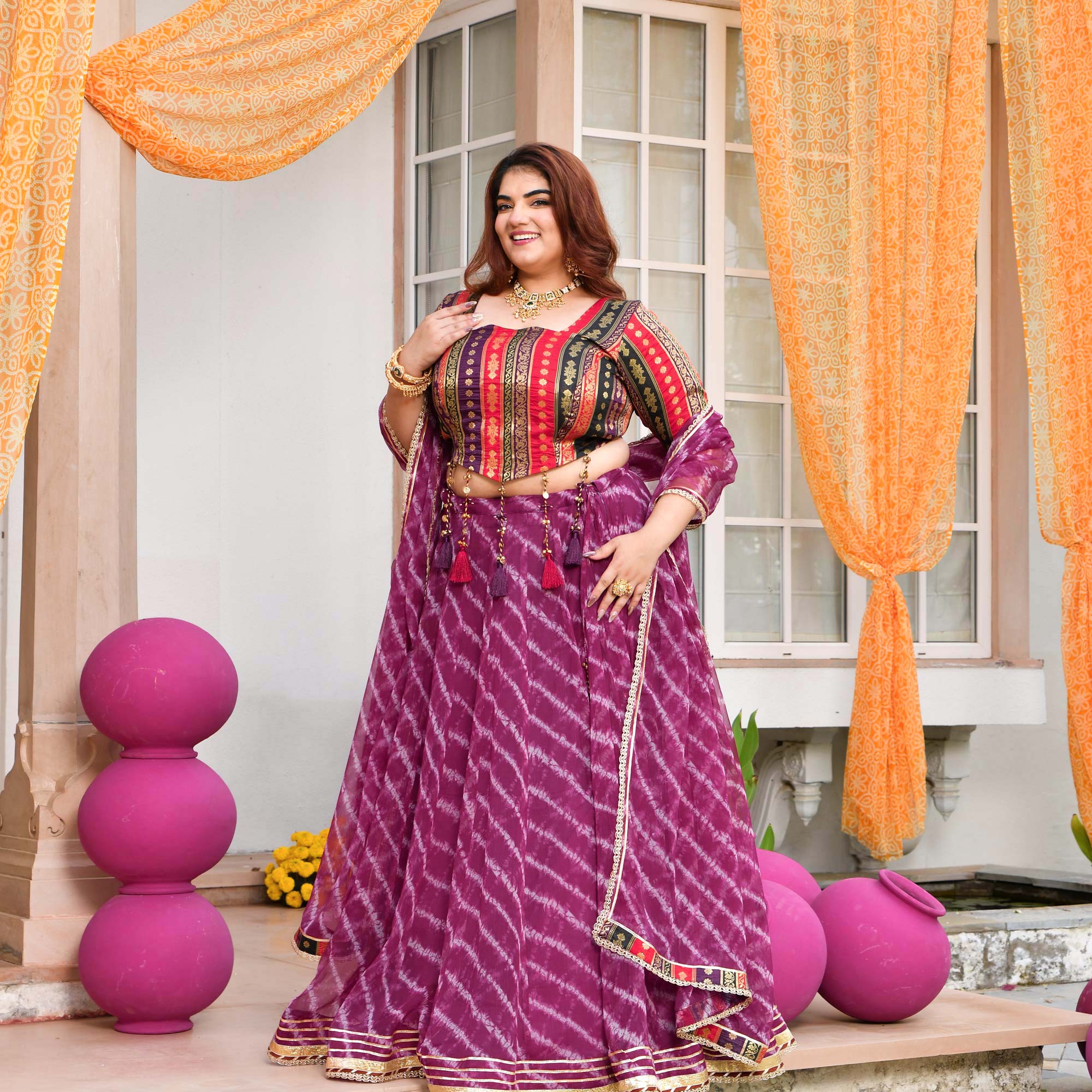 Basanti- Wine Banarasi Brocade Leheriya Chiffon Lehenga Set
