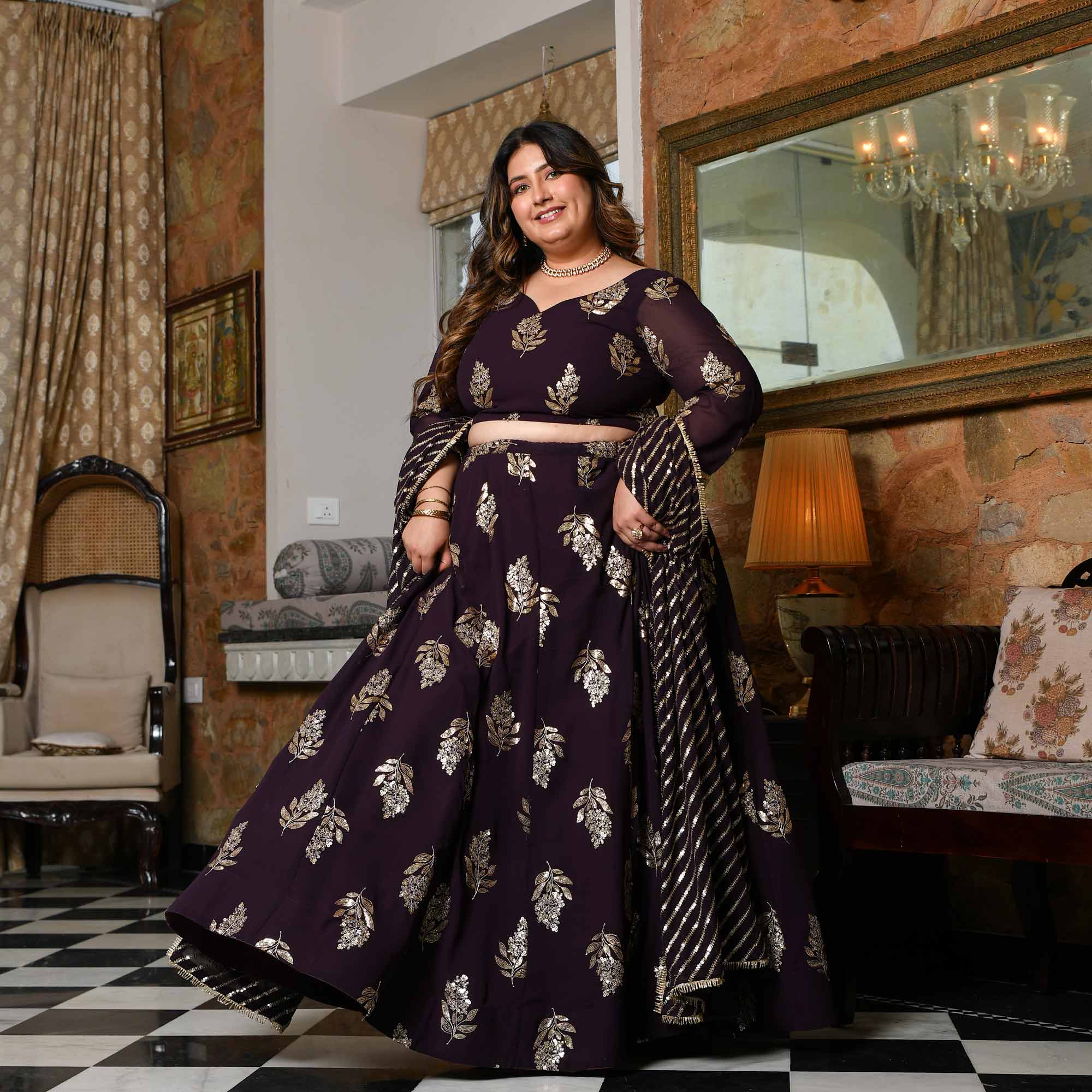 Coca Cola- Vintage Plum Sequin Embroidered Georgette Lehenga Set