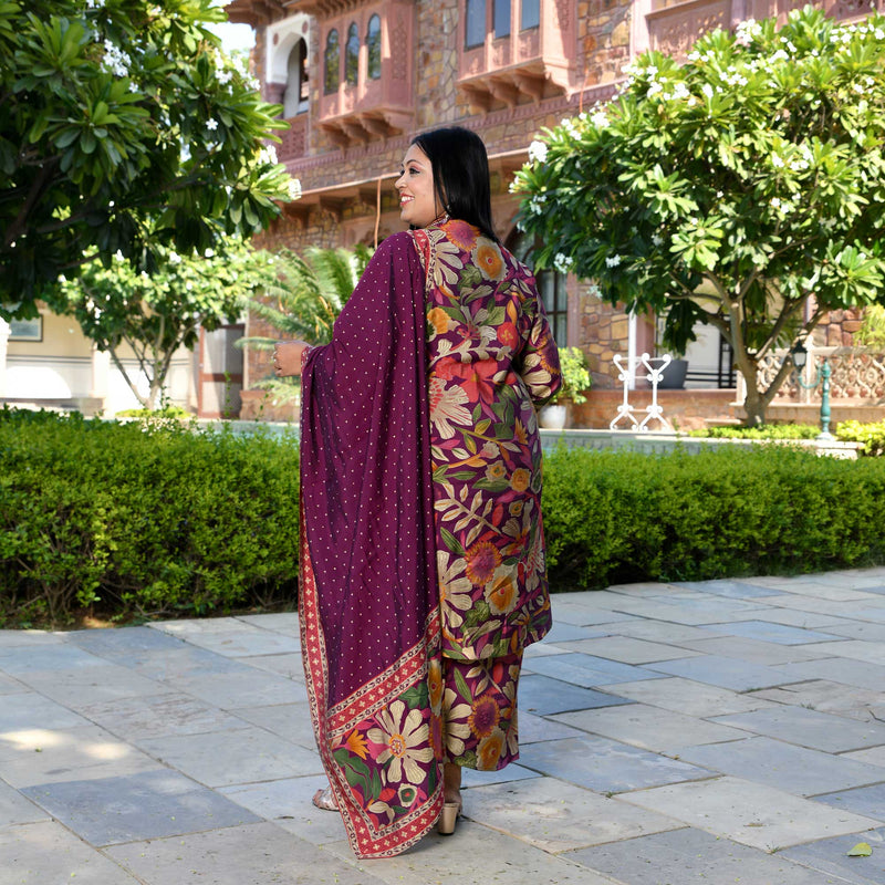 Bloom In Wine Floral Modal Co-ord Set With Stole Dupatta