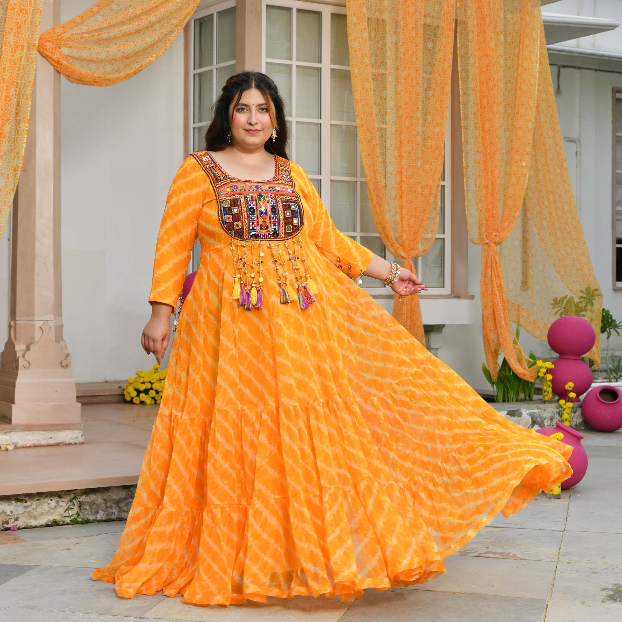 Phooljadi- Yellow Kutch Hand Embroidered Leheriya Chiffon Dress