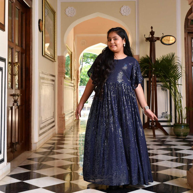 Midnight Navy Sequin Splash Georgette Gown 