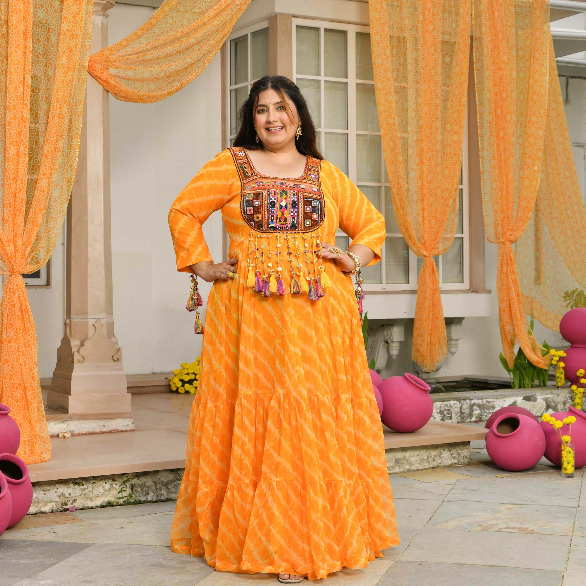 Phooljadi- Yellow Kutch Hand Embroidered Leheriya Chiffon Dress
