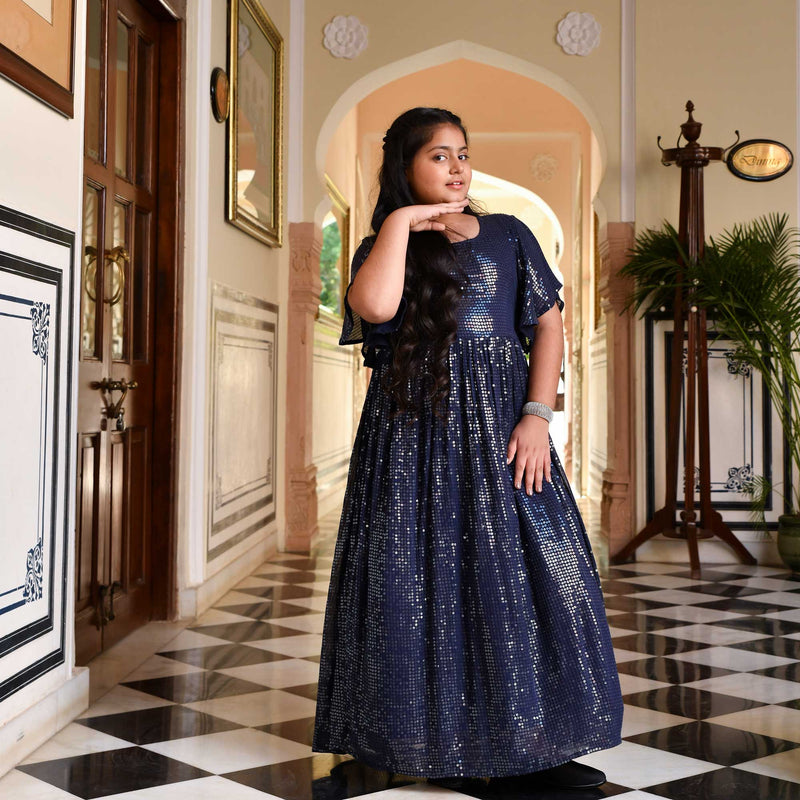 Midnight Navy Sequin Splash Georgette Gown 