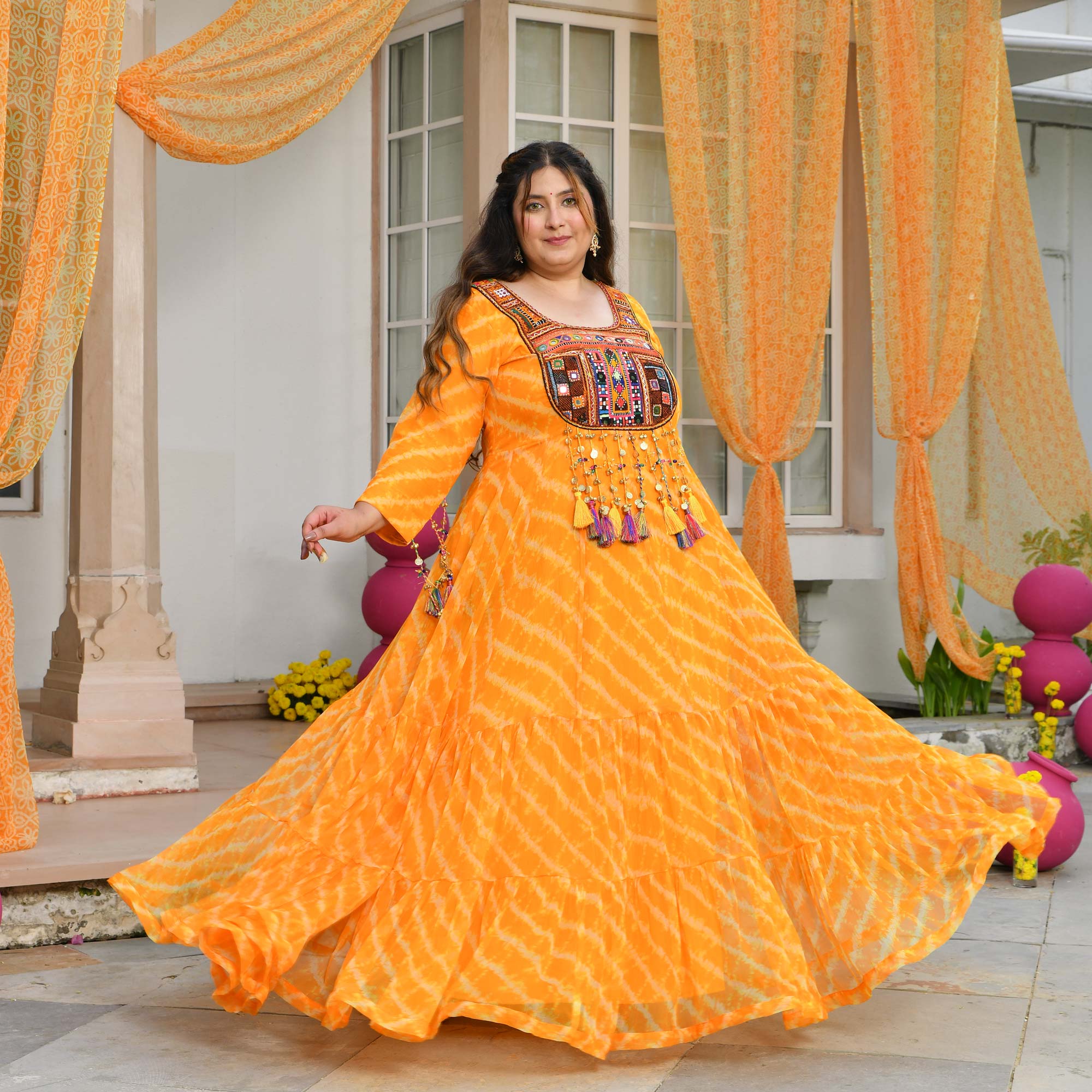Phooljadi- Yellow Kutch Hand Embroidered Leheriya Chiffon Dress