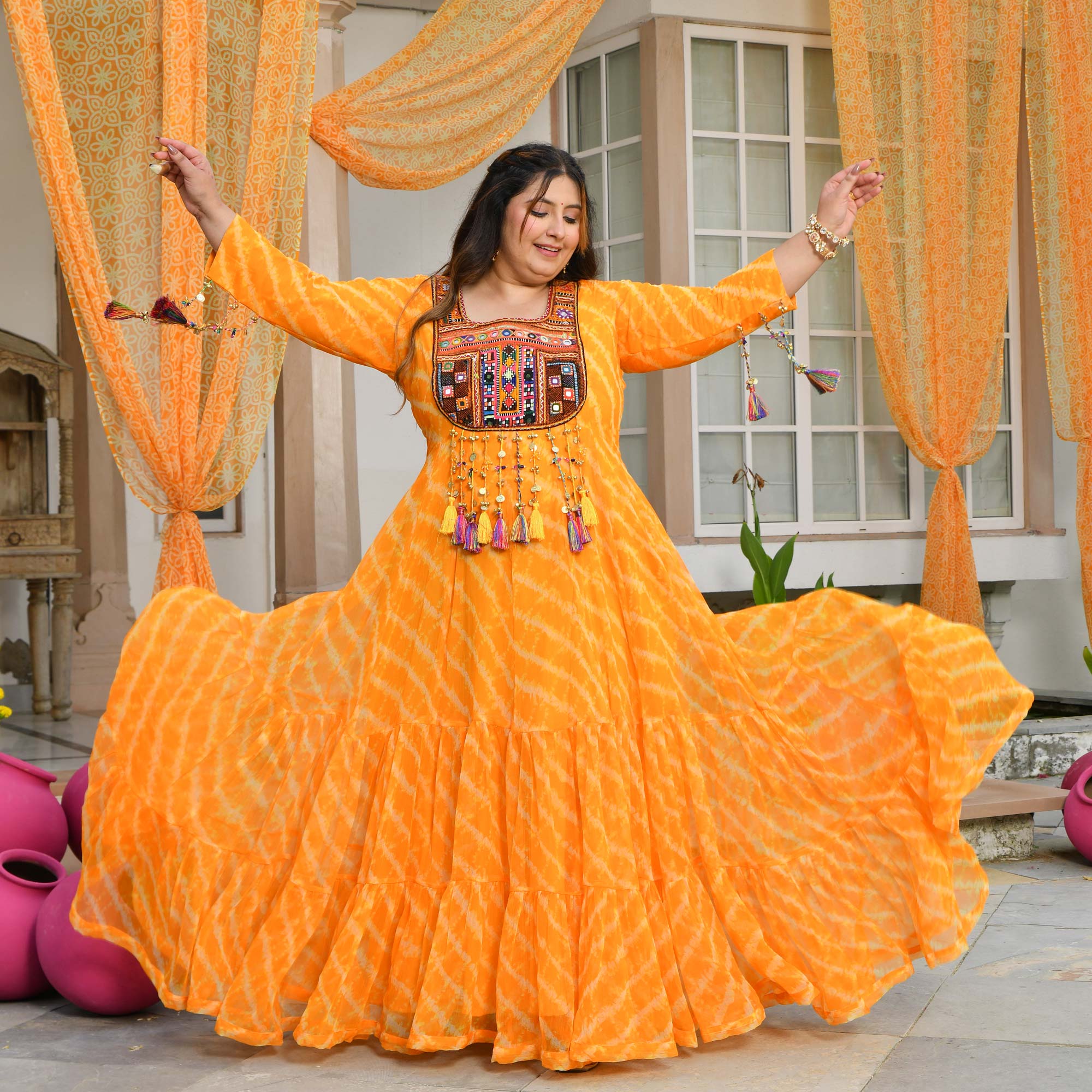 Phooljadi- Yellow Kutch Hand Embroidered Leheriya Chiffon Dress
